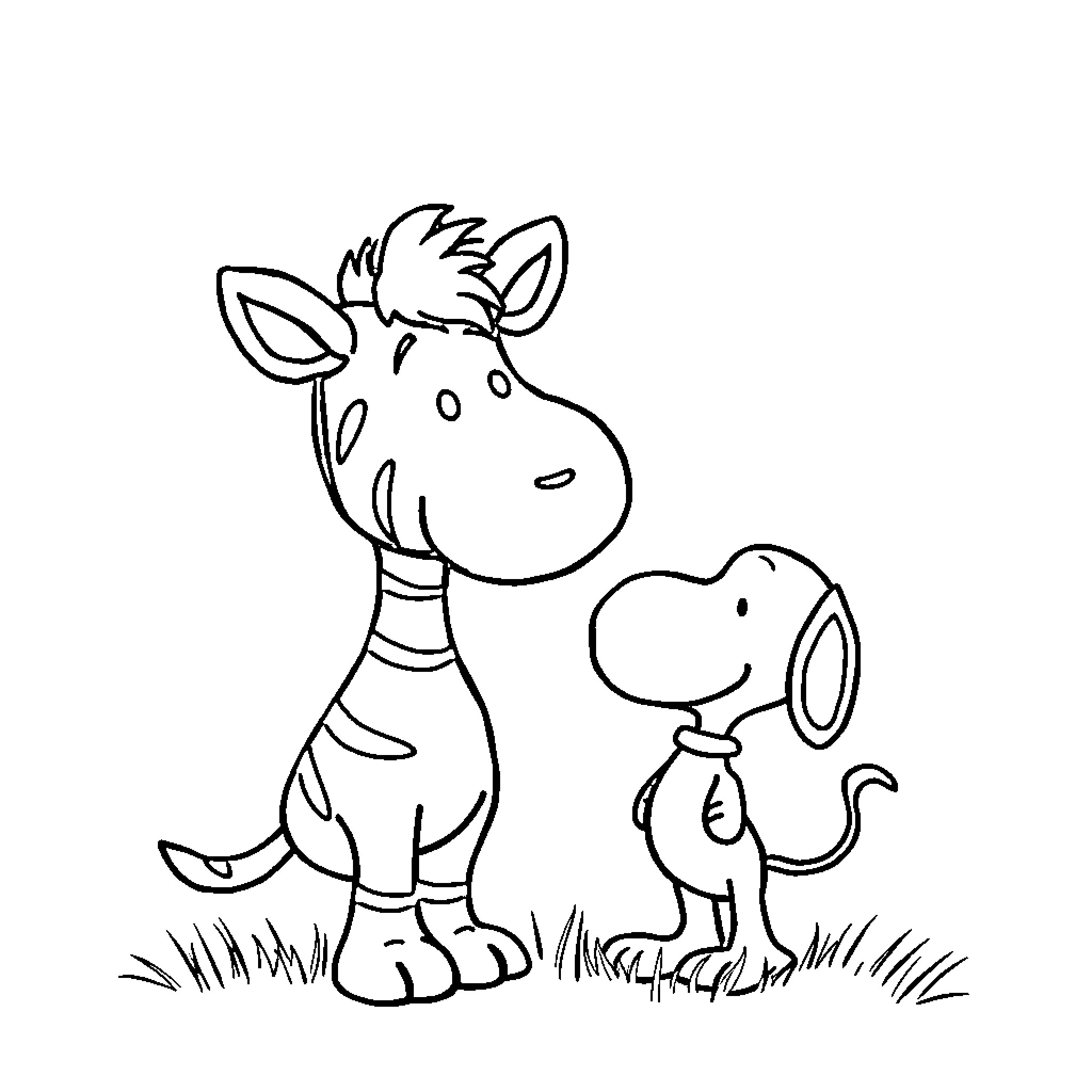 Zebra and dog playing together happily Coloring Page (free black-and-white line drawing printable PDF for all, from beginners to advanced learners, including children, teens, adults, and seniors)