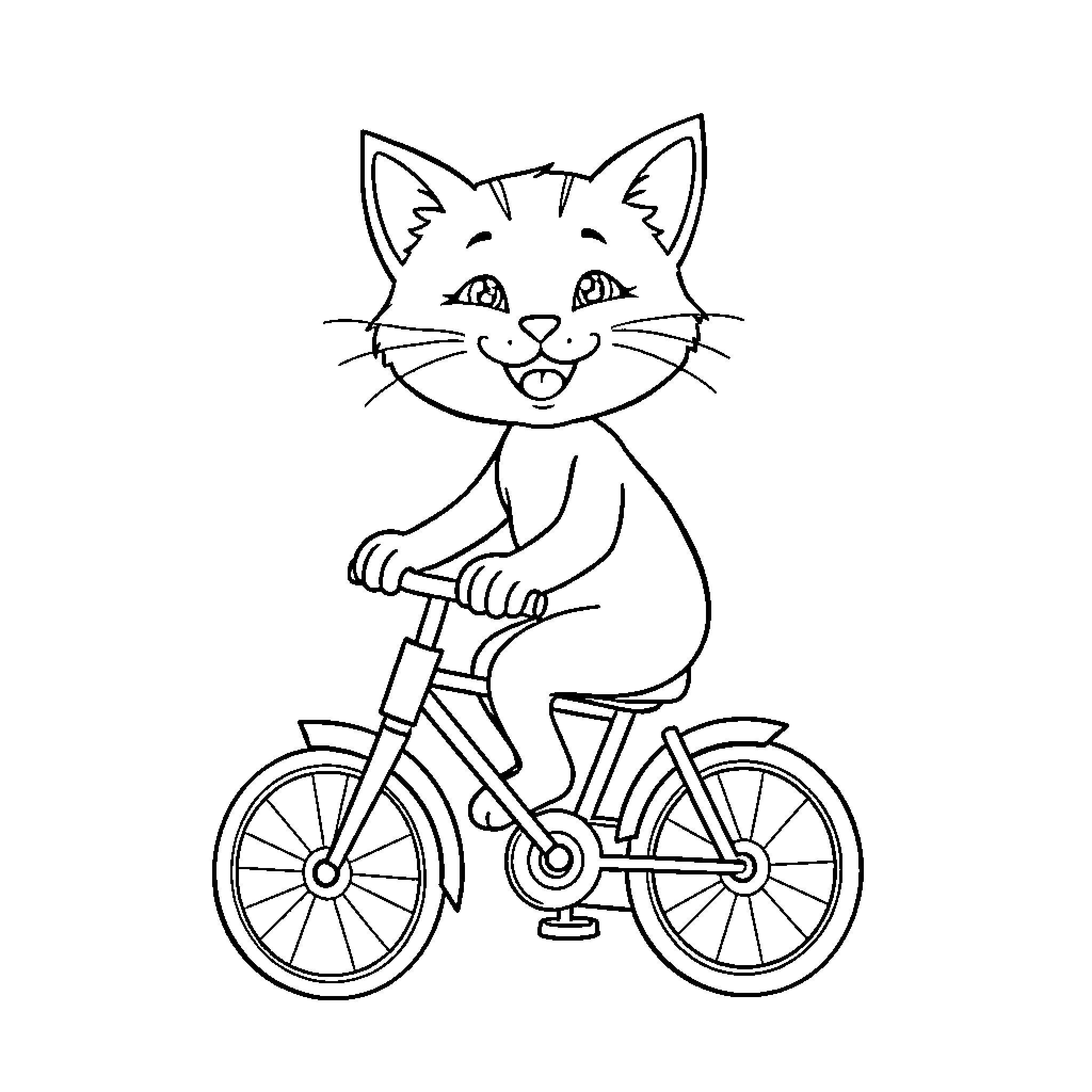 Cat riding a bicycle happily Coloring Page (free black-and-white line drawing printable PDF for all, from beginners to advanced learners, including children, teens, adults, and seniors)