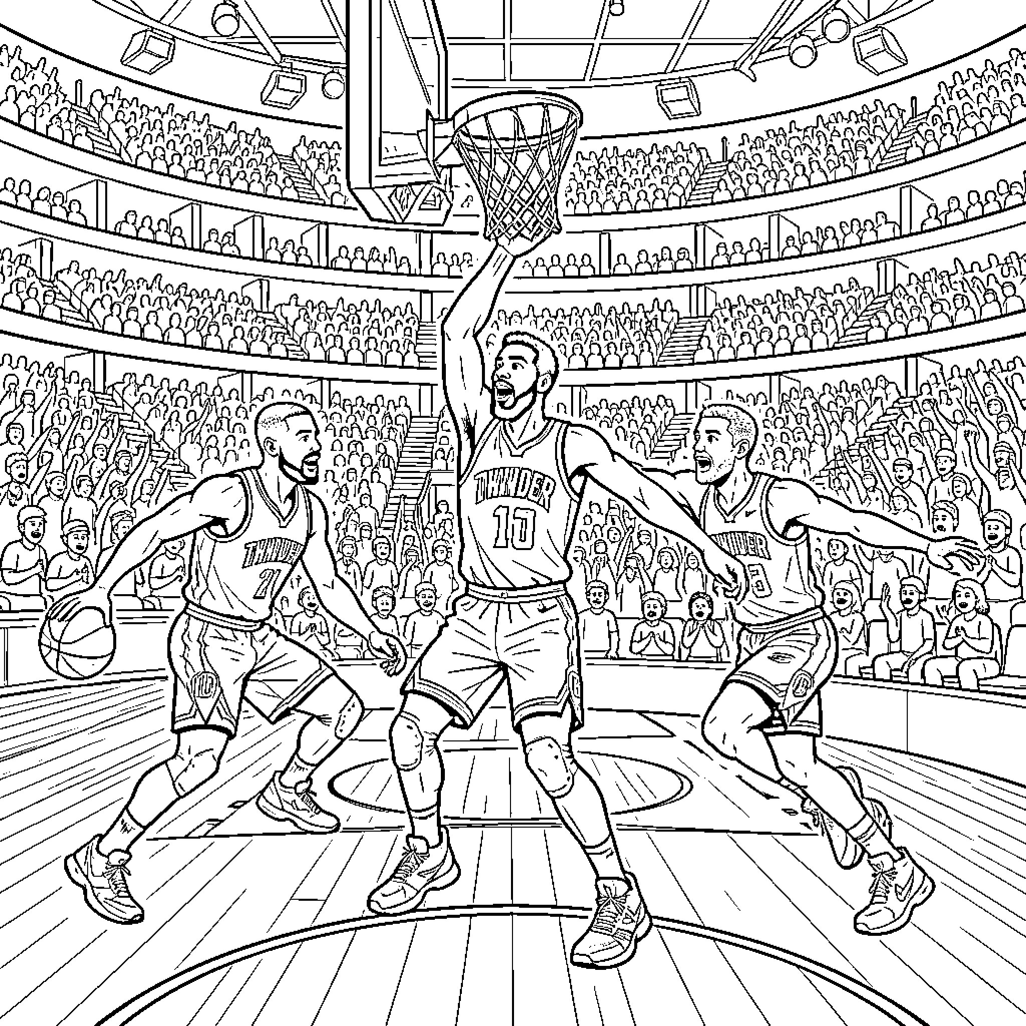 Okc Thunder players competing in an intense basketball game Coloring Page (free black-and-white line drawing printable PDF for all, from beginners to advanced learners, including children, teens, adults, and seniors)