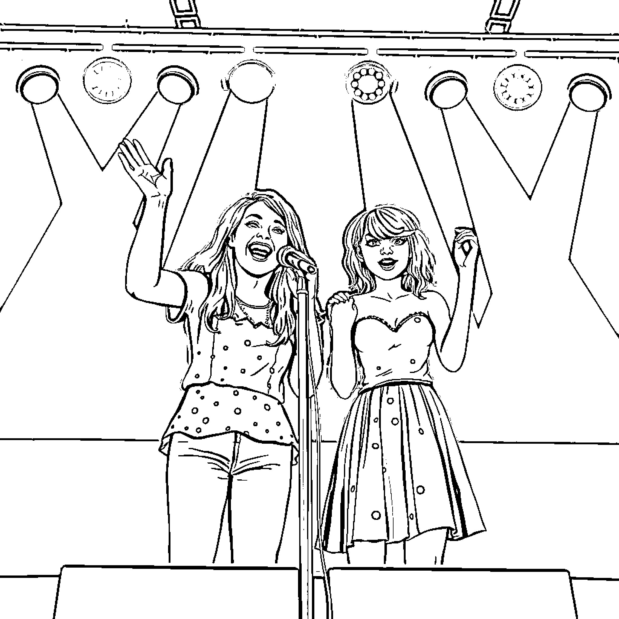 Sabrina Carpenter and a friend performing on stage Coloring Page (free black-and-white line drawing printable PDF for all, from beginners to advanced learners, including children, teens, adults, and seniors)