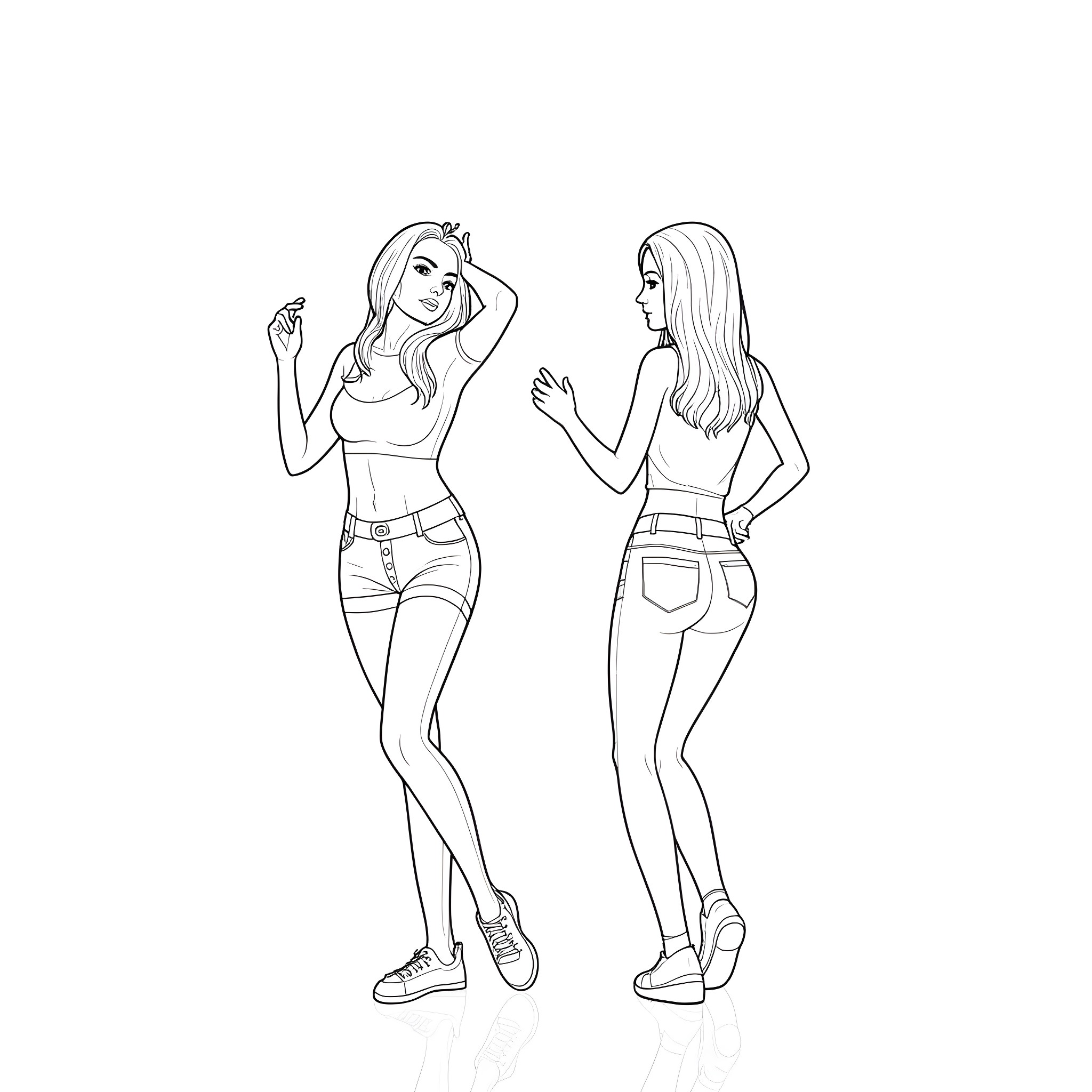Girl posing in casual outfit and hairstyle Coloring Page (free black-and-white line drawing printable PDF for all, from beginners to advanced learners, including children, teens, adults, and seniors)