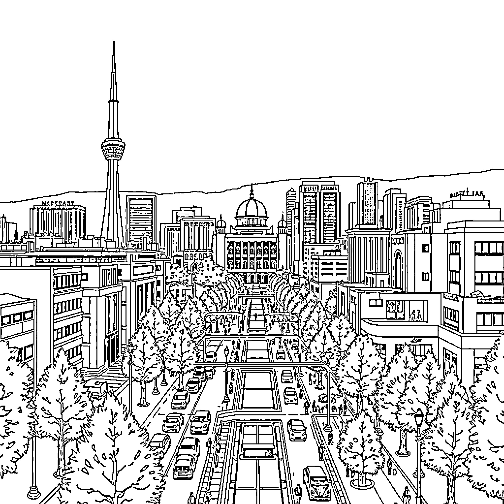 Tehran cityscape with bustling streets and iconic landmarks Coloring Page (free black-and-white line drawing printable PDF for all, from beginners to advanced learners, including children, teens, adults, and seniors)