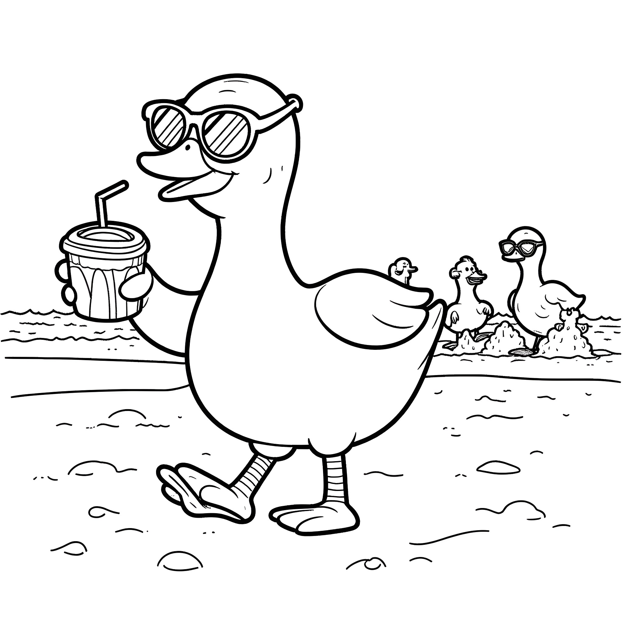 Duck enjoying a refreshing beverage with ducklings Coloring Page (free black-and-white line drawing printable PDF for all, from beginners to advanced learners, including children, teens, adults, and seniors)