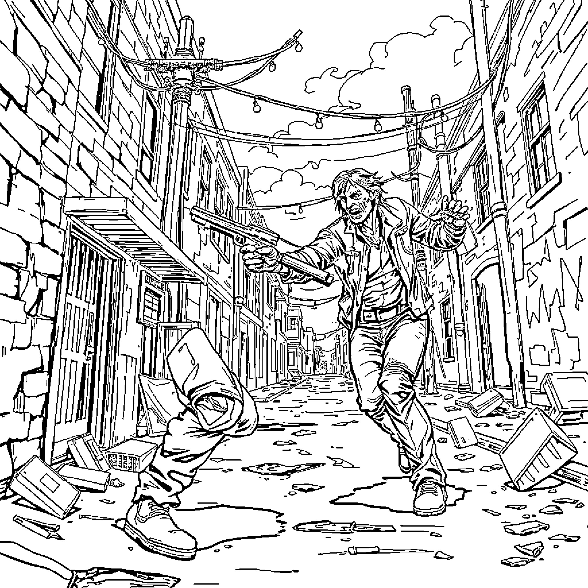 Leon fighting through the destroyed city streets Coloring Page (free black-and-white line drawing printable PDF for all, from beginners to advanced learners, including children, teens, adults, and seniors)
