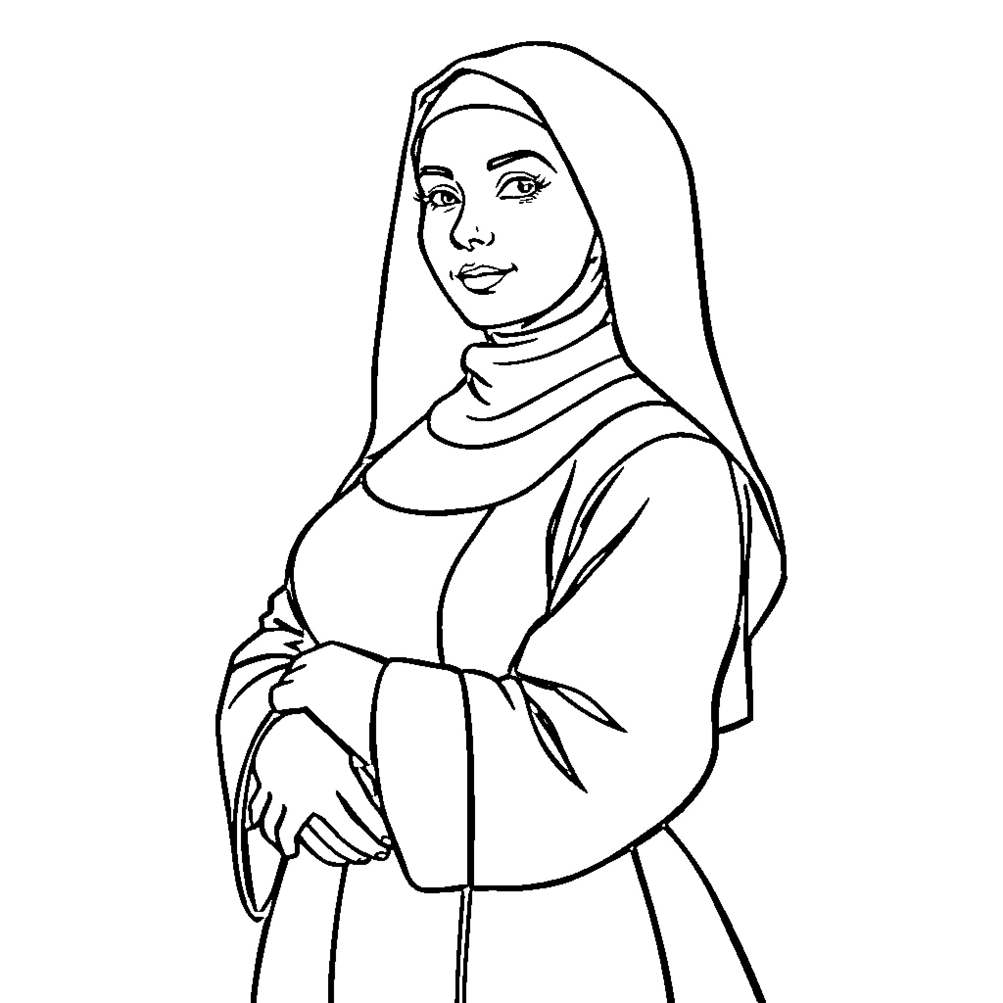 Nun in contemplative pose Coloring Page (free black-and-white line drawing printable PDF for all, from beginners to advanced learners, including children, teens, adults, and seniors)