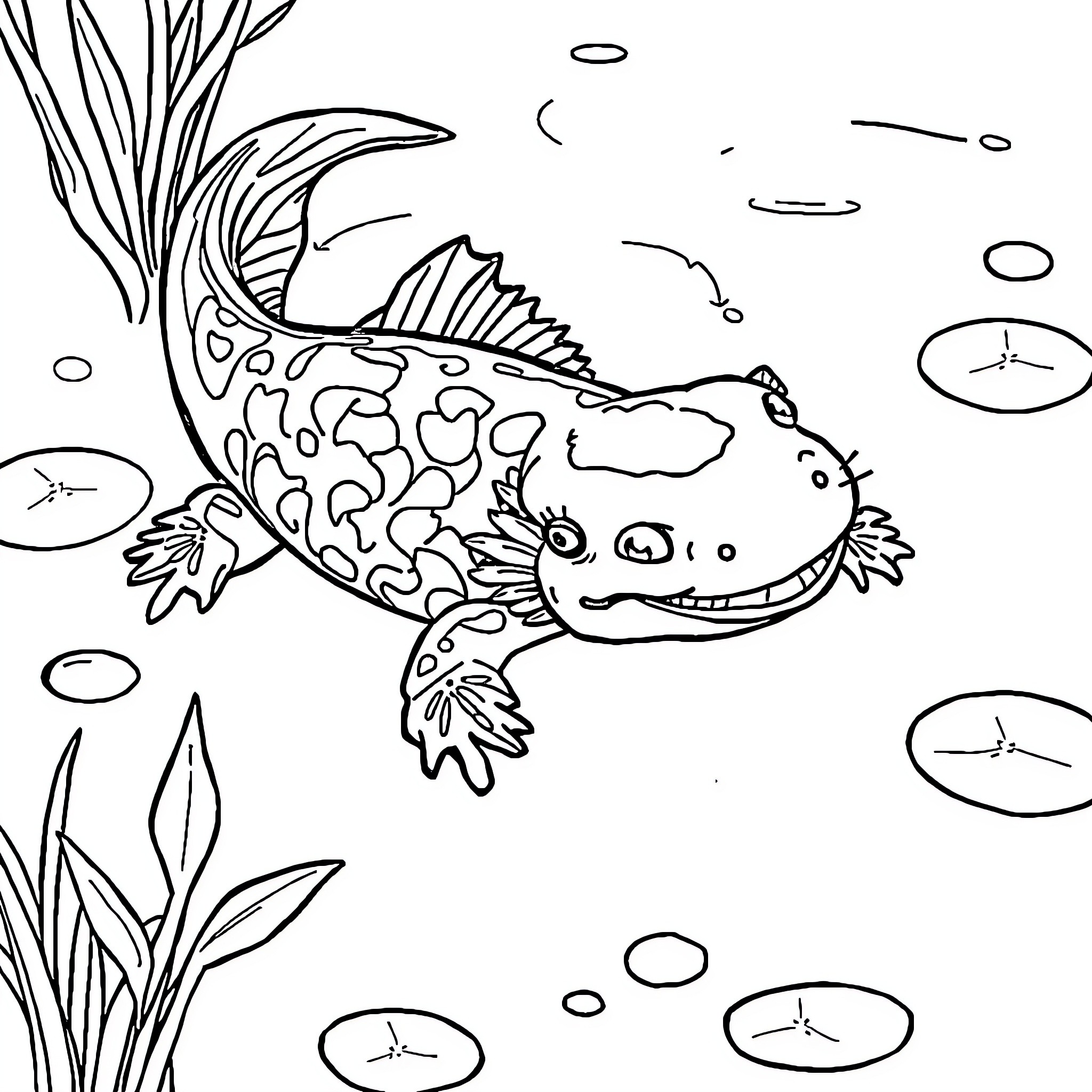 Axolotl exploring underwater with happy expression Coloring Page (free black-and-white line drawing printable PDF for all, from beginners to advanced learners, including children, teens, adults, and seniors)