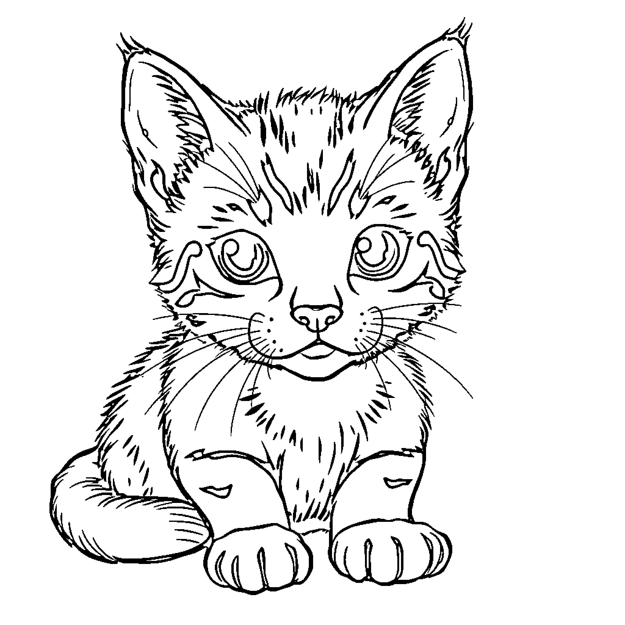 Kitten with large expressive eyes Coloring Page (free black-and-white line drawing printable PDF for all, from beginners to advanced learners, including children, teens, adults, and seniors)