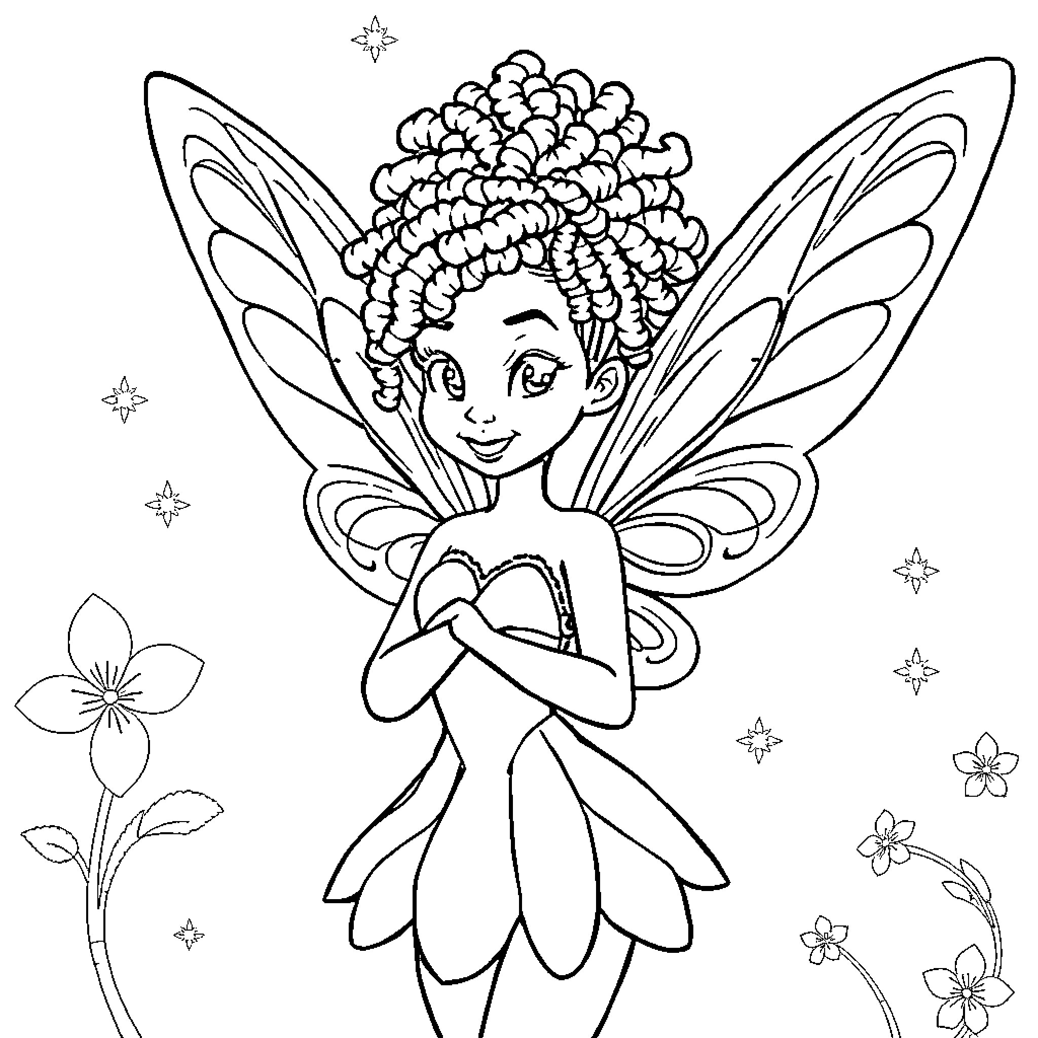 Tinkerbell exploring a whimsical floral world Coloring Page (free black-and-white line drawing printable PDF for all, from beginners to advanced learners, including children, teens, adults, and seniors)