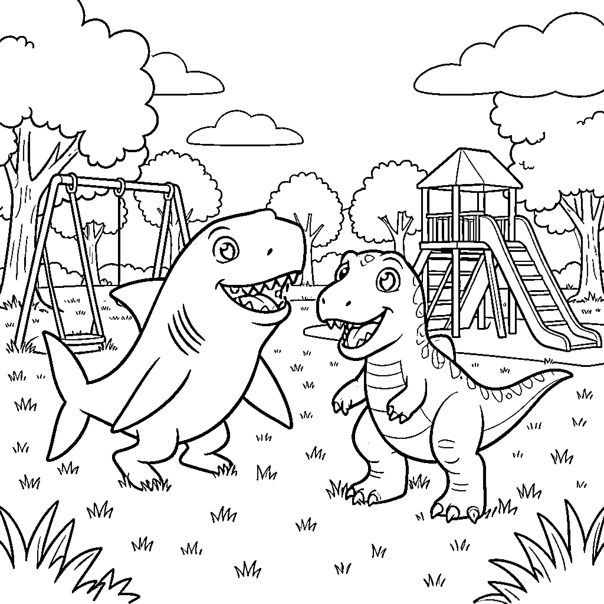 Sharks playing happily on the playground Coloring Page (free black-and-white line drawing printable PDF for all, from beginners to advanced learners, including children, teens, adults, and seniors)