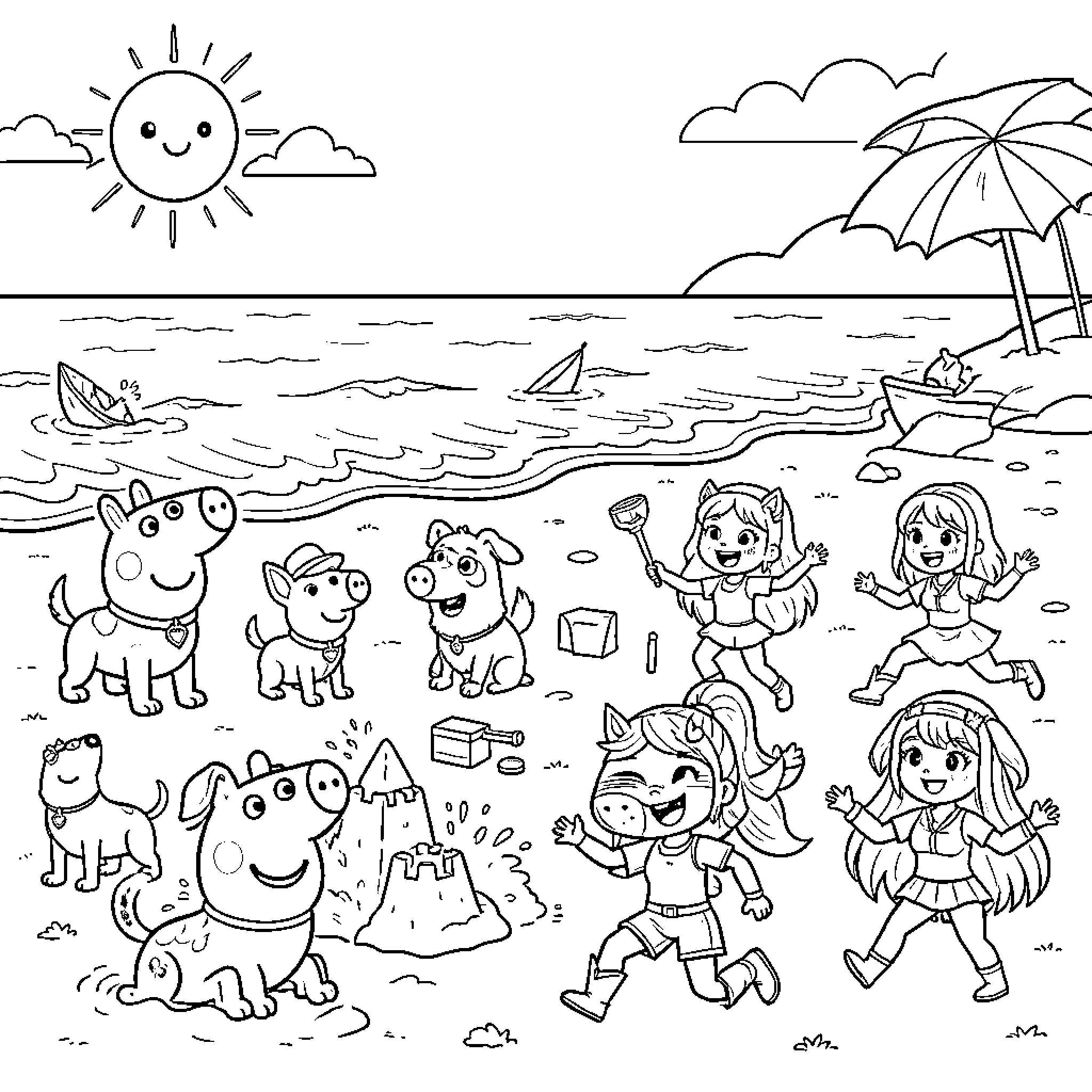 Pepa Pig and friends playing on the sunny beach Coloring Page (free black-and-white line drawing printable PDF for all, from beginners to advanced learners, including children, teens, adults, and seniors)