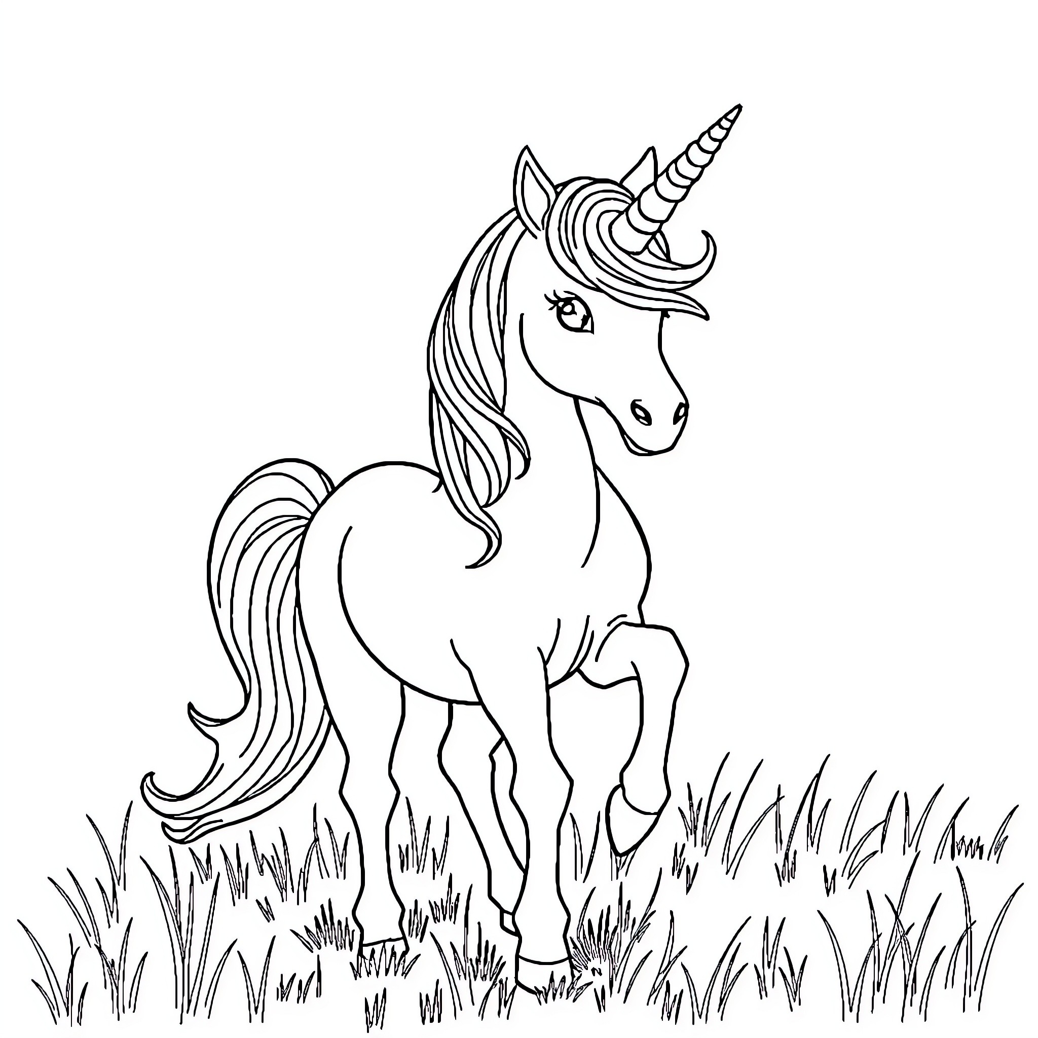 Unicorn Frolicking in the Meadow Coloring Page (free black-and-white line drawing printable PDF for all, from beginners to advanced learners, including children, teens, adults, and seniors)