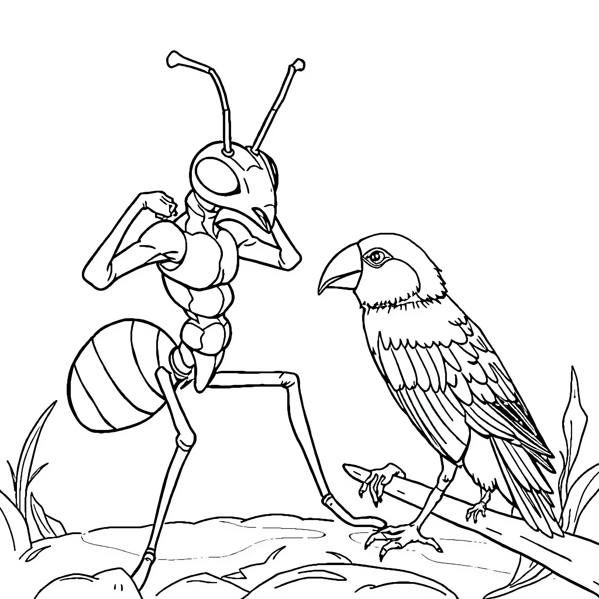 Ant interacting with curious bird in nature Coloring Page (free black-and-white line drawing printable PDF for all, from beginners to advanced learners, including children, teens, adults, and seniors)