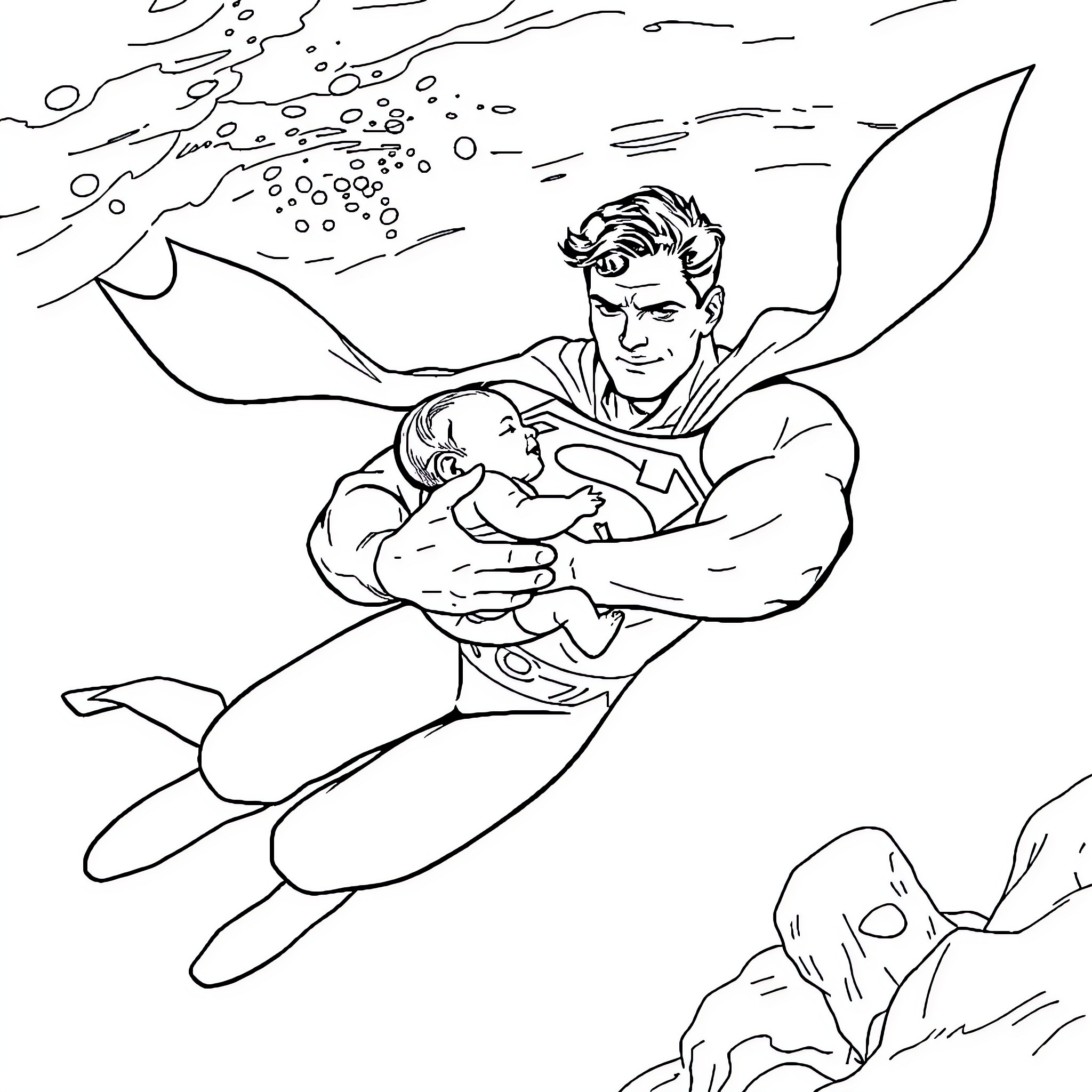 Superman saves baby from danger Coloring Page (free black-and-white line drawing printable PDF for all, from beginners to advanced learners, including children, teens, adults, and seniors)