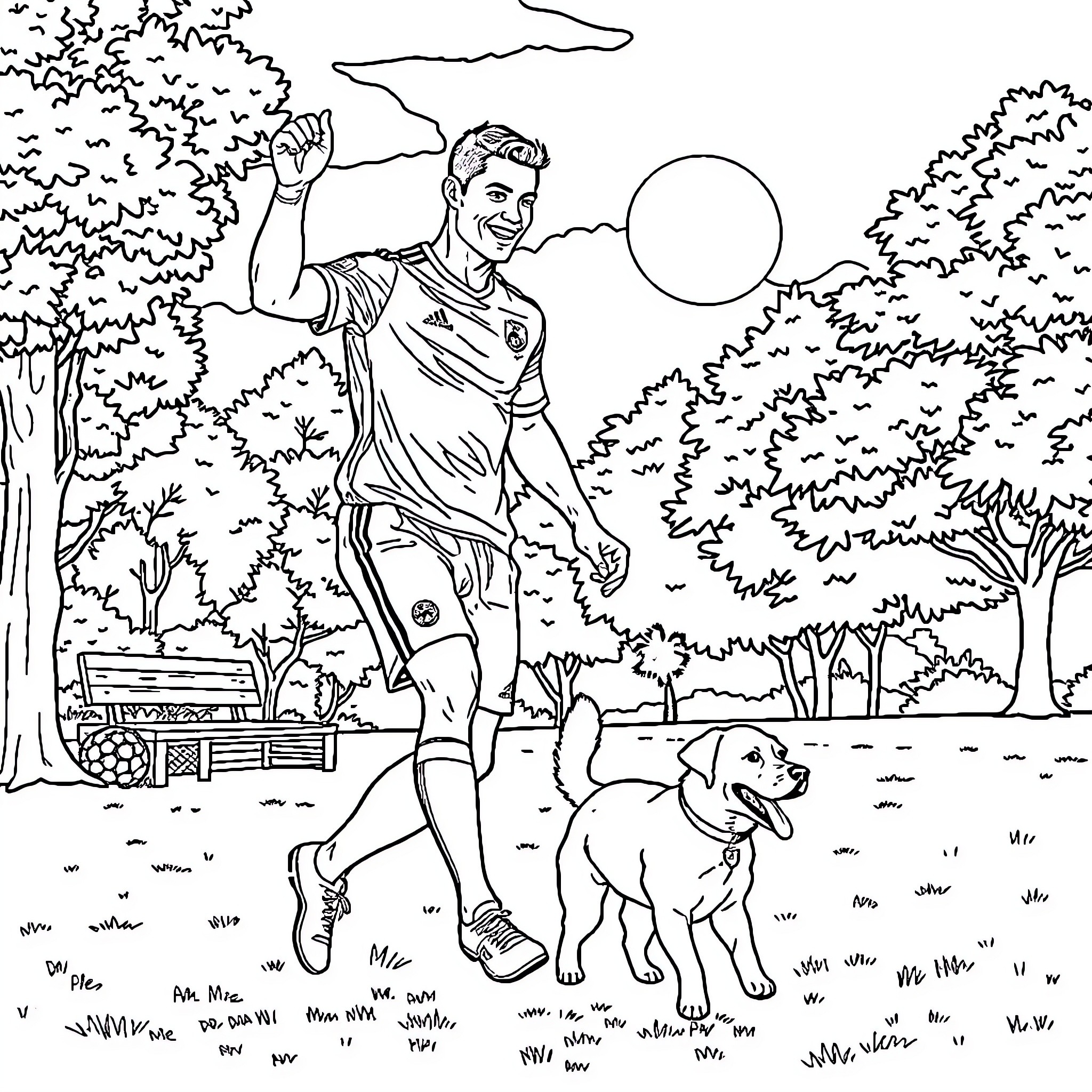 Cristiano Ronaldo enjoying outdoor recreation with his dog Coloring Page (free black-and-white line drawing printable PDF for all, from beginners to advanced learners, including children, teens, adults, and seniors)