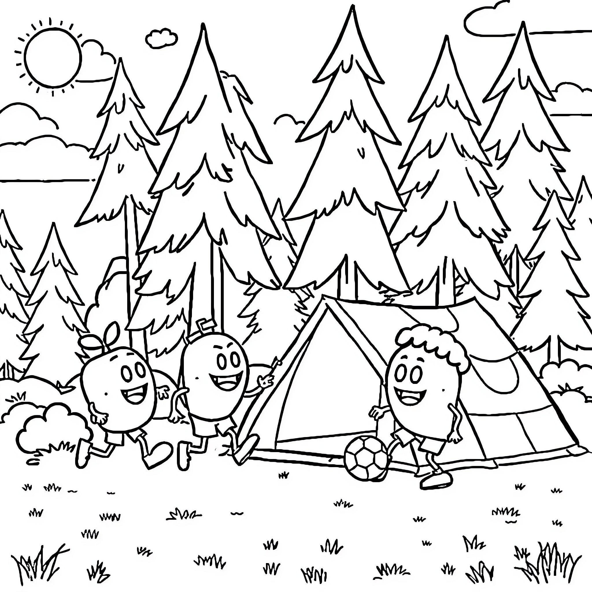 Blox Fruit Characters Camping in the Forest Coloring Page (free black-and-white line drawing printable PDF for all, from beginners to advanced learners, including children, teens, adults, and seniors)