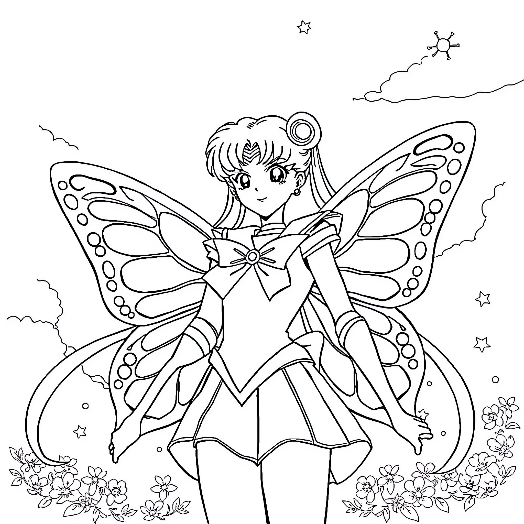 Sailor Moon as a Butterfly-Winged Magical Girl Coloring Page (free black-and-white line drawing printable PDF for all, from beginners to advanced learners, including children, teens, adults, and seniors)