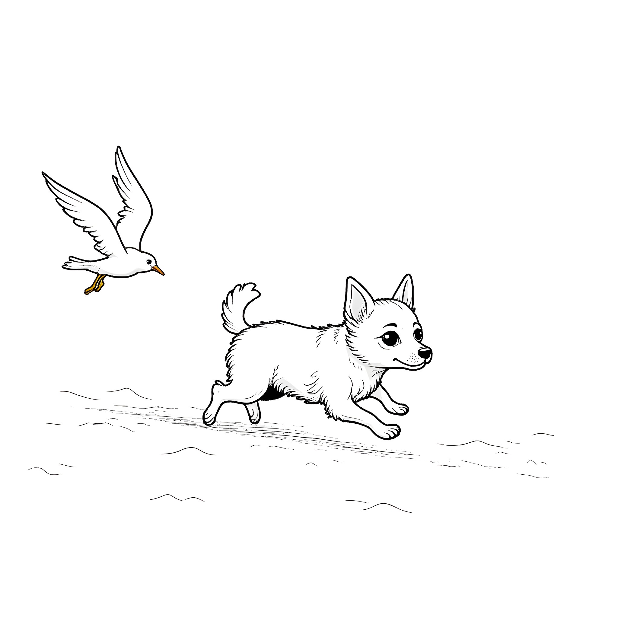 Chihuahua chasing a seagull on the beach Coloring Page (free black-and-white line drawing printable PDF for all, from beginners to advanced learners, including children, teens, adults, and seniors)