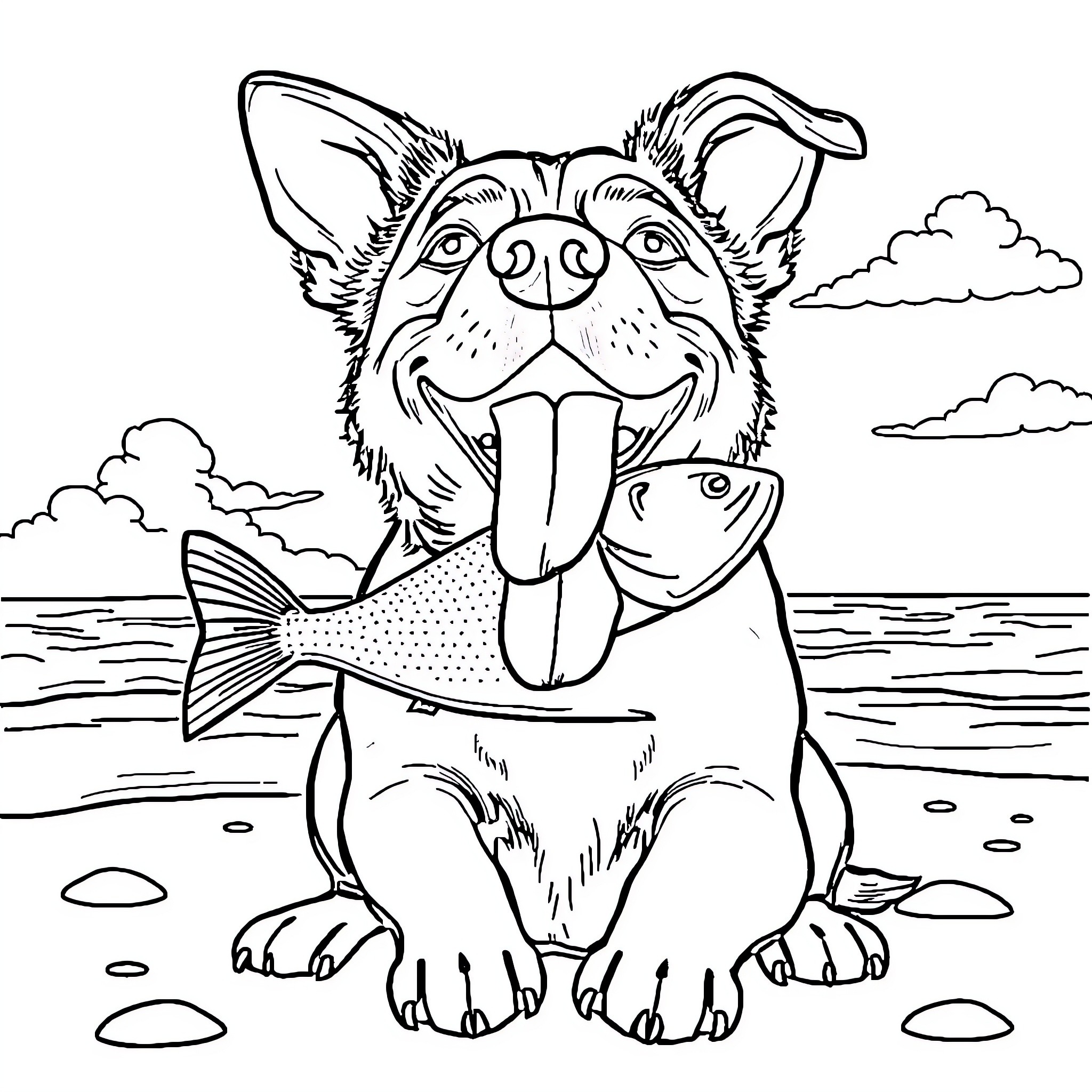 Dog enjoying fish and beach scenery Coloring Page (free black-and-white line drawing printable PDF for all, from beginners to advanced learners, including children, teens, adults, and seniors)