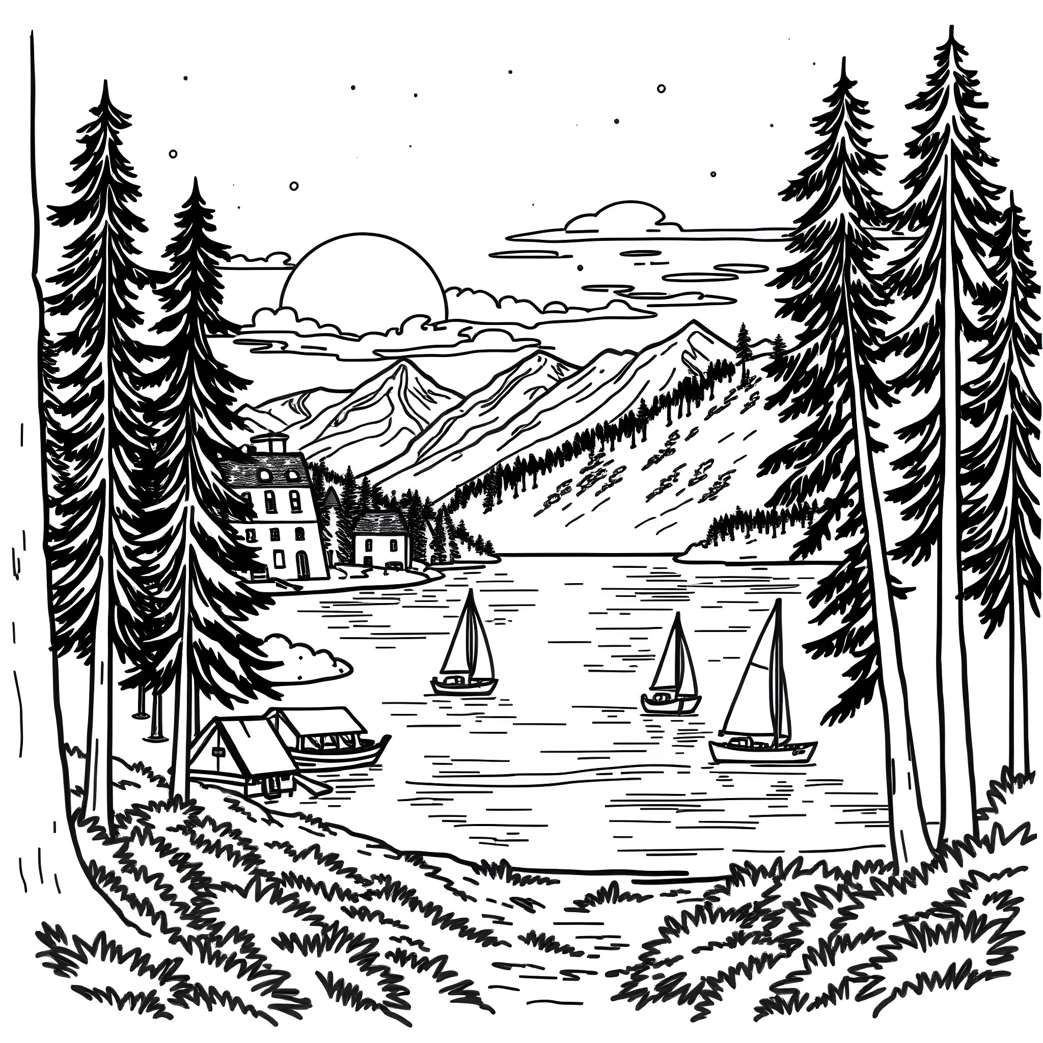 Campsite scene with sailboats on lake and mountains Coloring Page (free black-and-white line drawing printable PDF for all, from beginners to advanced learners, including children, teens, adults, and seniors)