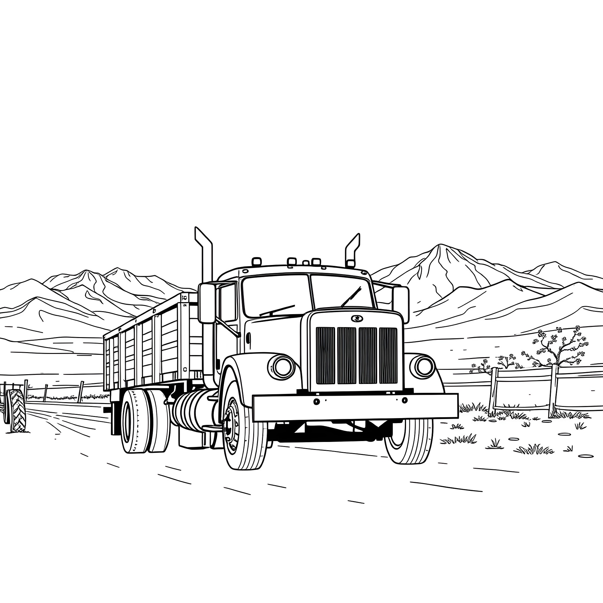 Flatbed Truck transporting cargo in mountain landscape Coloring Page (free black-and-white line drawing printable PDF for all, from beginners to advanced learners, including children, teens, adults, and seniors)