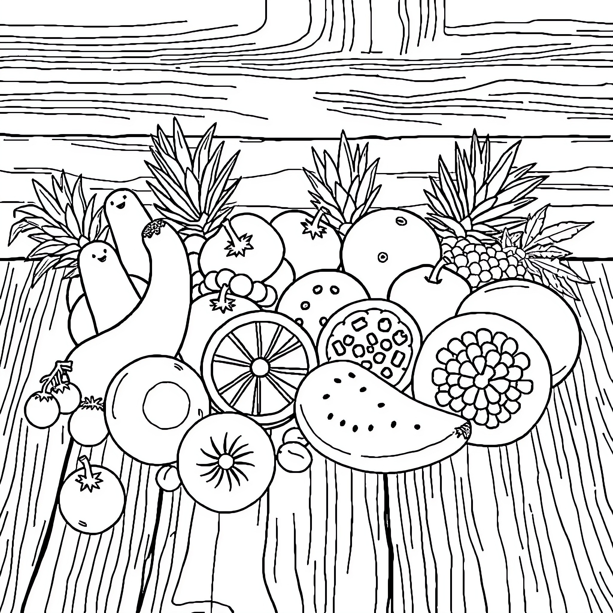 Fruit and birds on a wooden background Coloring Page (free black-and-white line drawing printable PDF for all, from beginners to advanced learners, including children, teens, adults, and seniors)