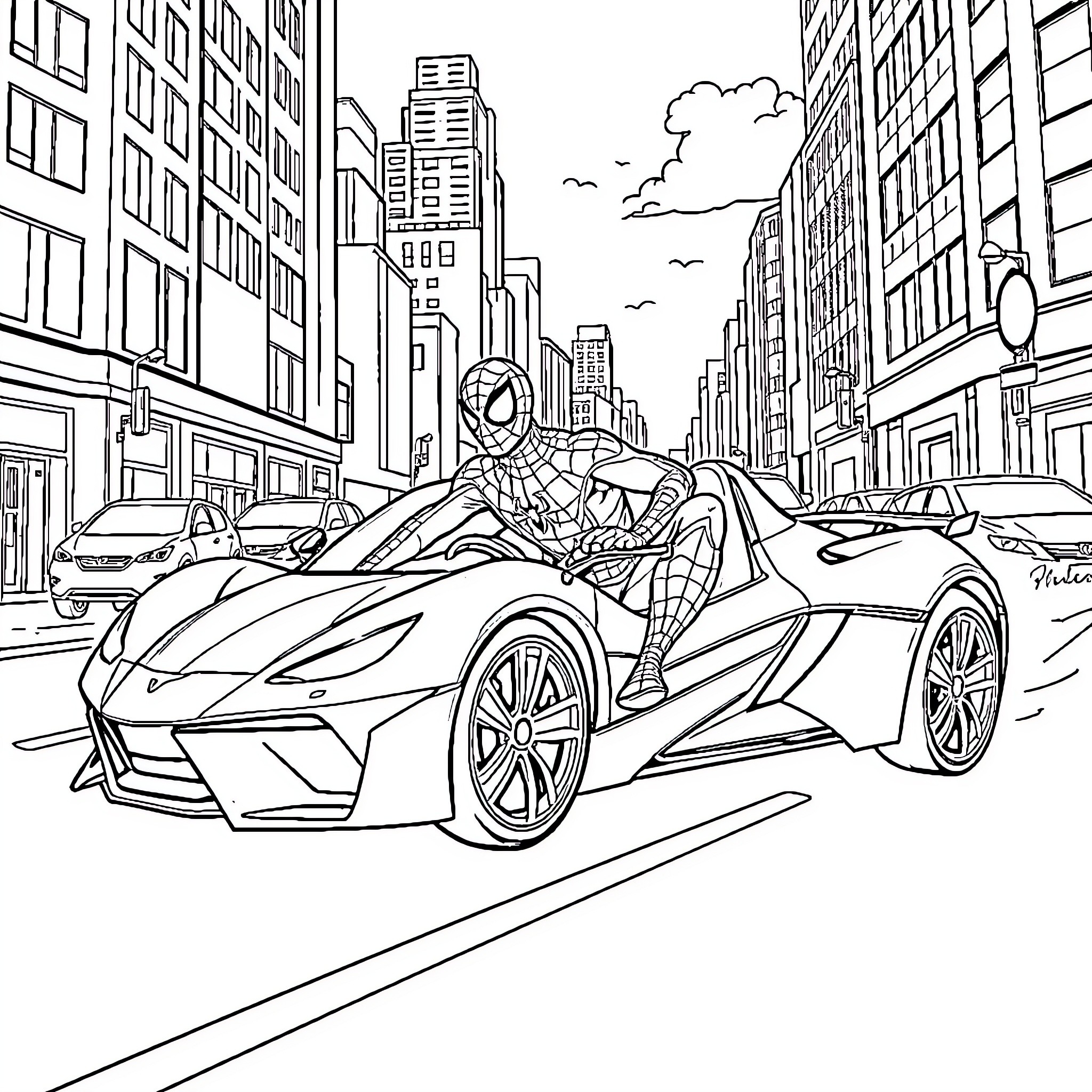 Spiderman's thrilling urban escapade in a sports car Coloring Page (free black-and-white line drawing printable PDF for all, from beginners to advanced learners, including children, teens, adults, and seniors)