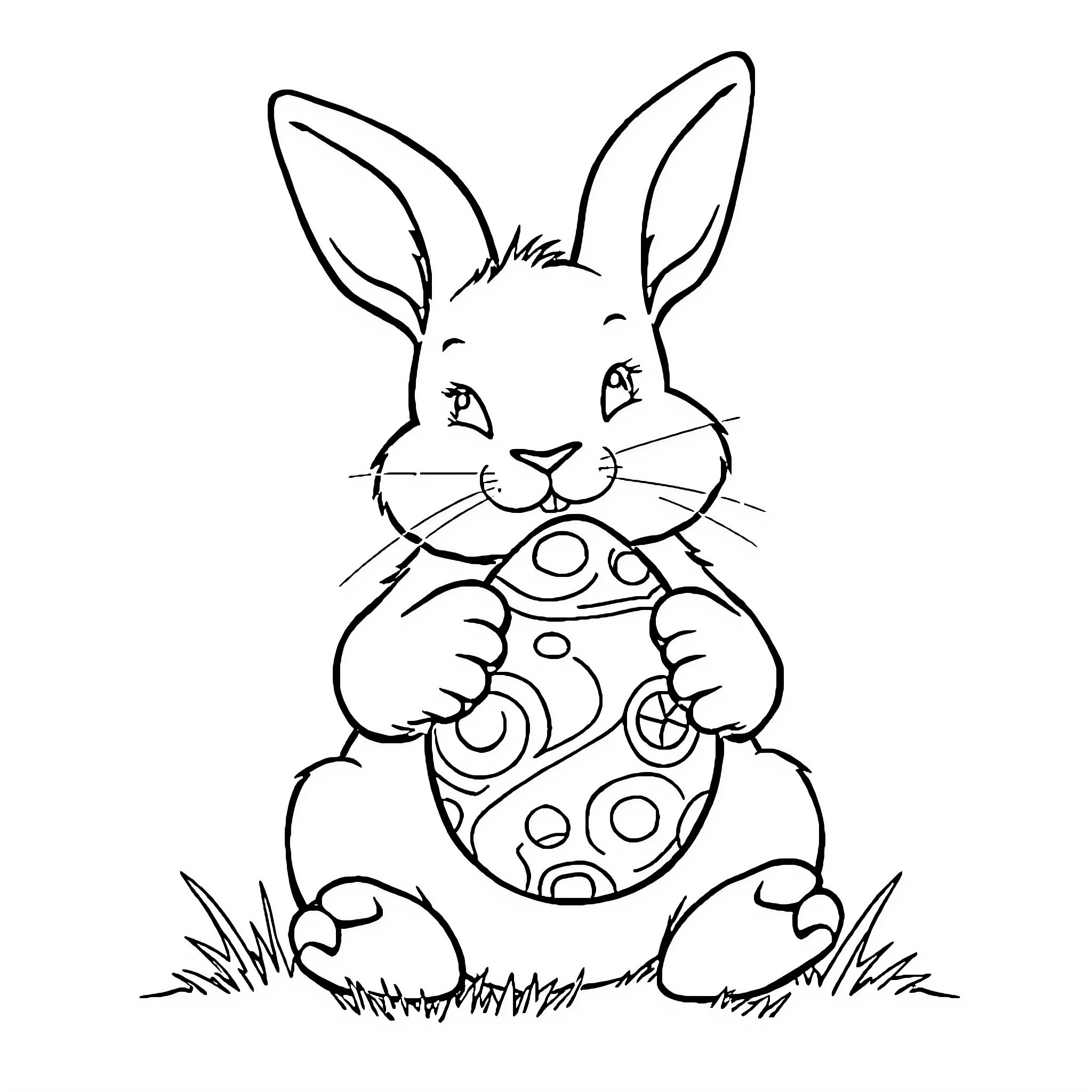 Bunny holding an Easter egg with polka dots Coloring Page (free black-and-white line drawing printable PDF for all, from beginners to advanced learners, including children, teens, adults, and seniors)