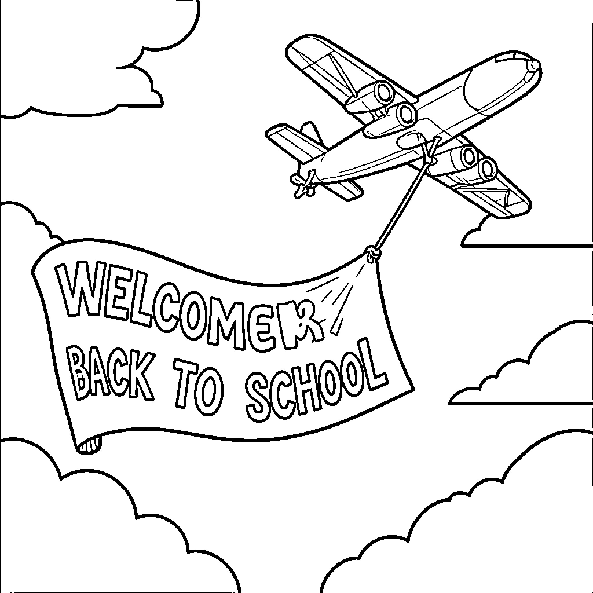 Airplane flying through clouds pulling a welcome banner Coloring Page (free black-and-white line drawing printable PDF for all, from beginners to advanced learners, including children, teens, adults, and seniors)