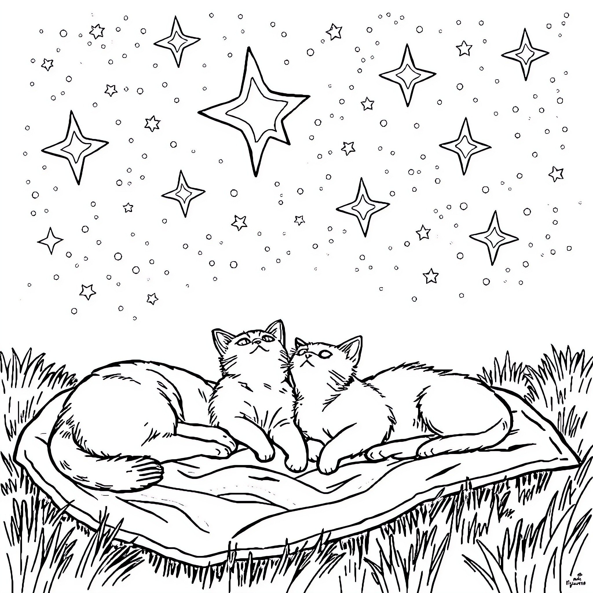 Cat star-filled night outdoors Coloring Page (free black-and-white line drawing printable PDF for all, from beginners to advanced learners, including children, teens, adults, and seniors)
