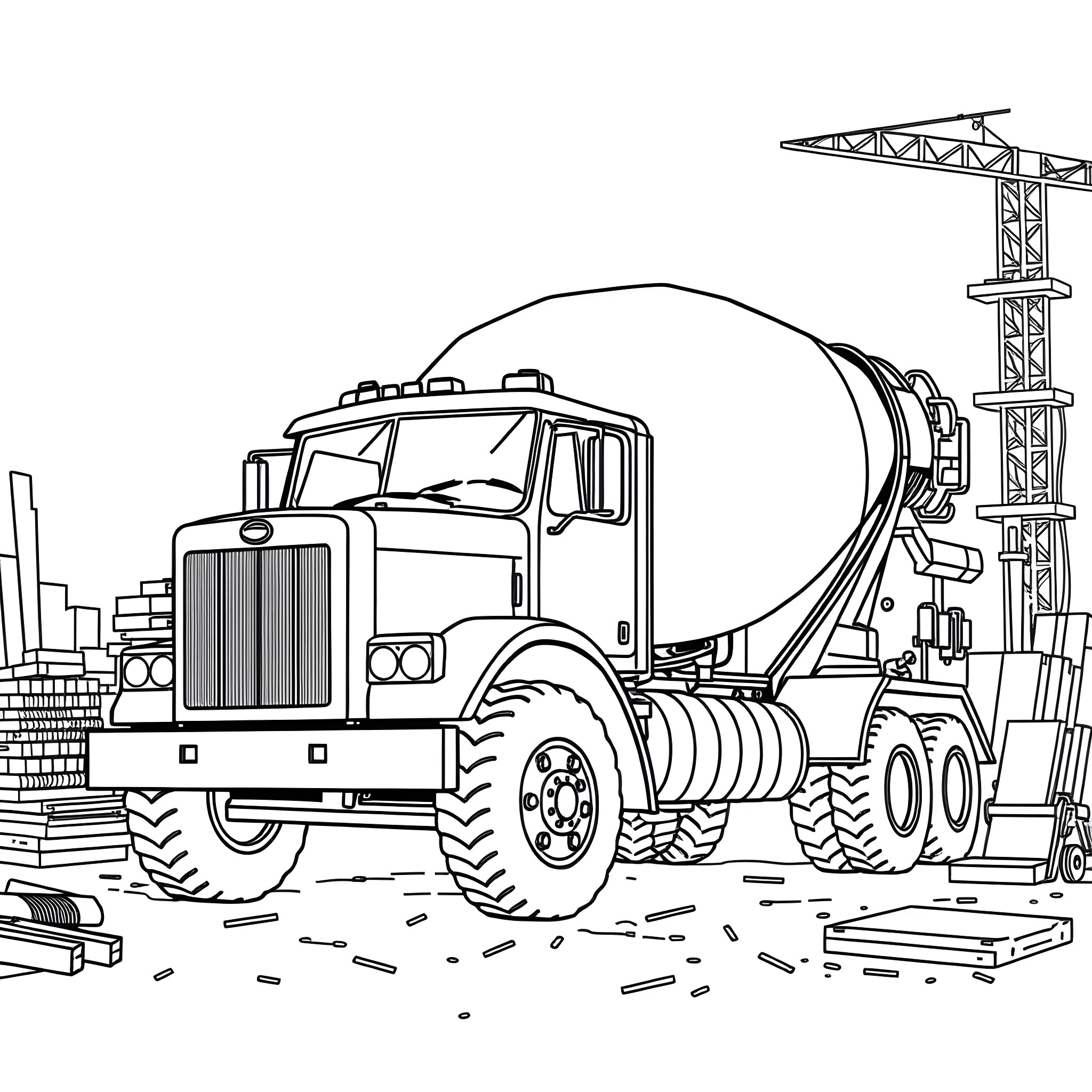 Concrete Mixer Truck at Construction Site Coloring Page (free black-and-white line drawing printable PDF for all, from beginners to advanced learners, including children, teens, adults, and seniors)