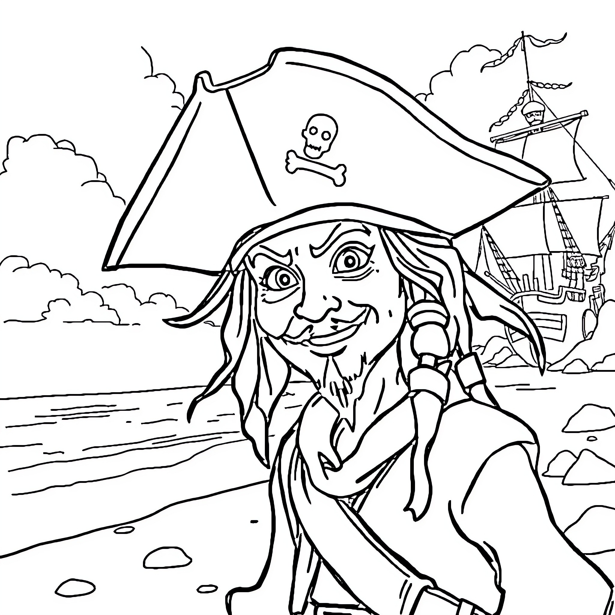 Jack Sparrow pirate adventures on the high seas Coloring Page (free black-and-white line drawing printable PDF for all, from beginners to advanced learners, including children, teens, adults, and seniors)
