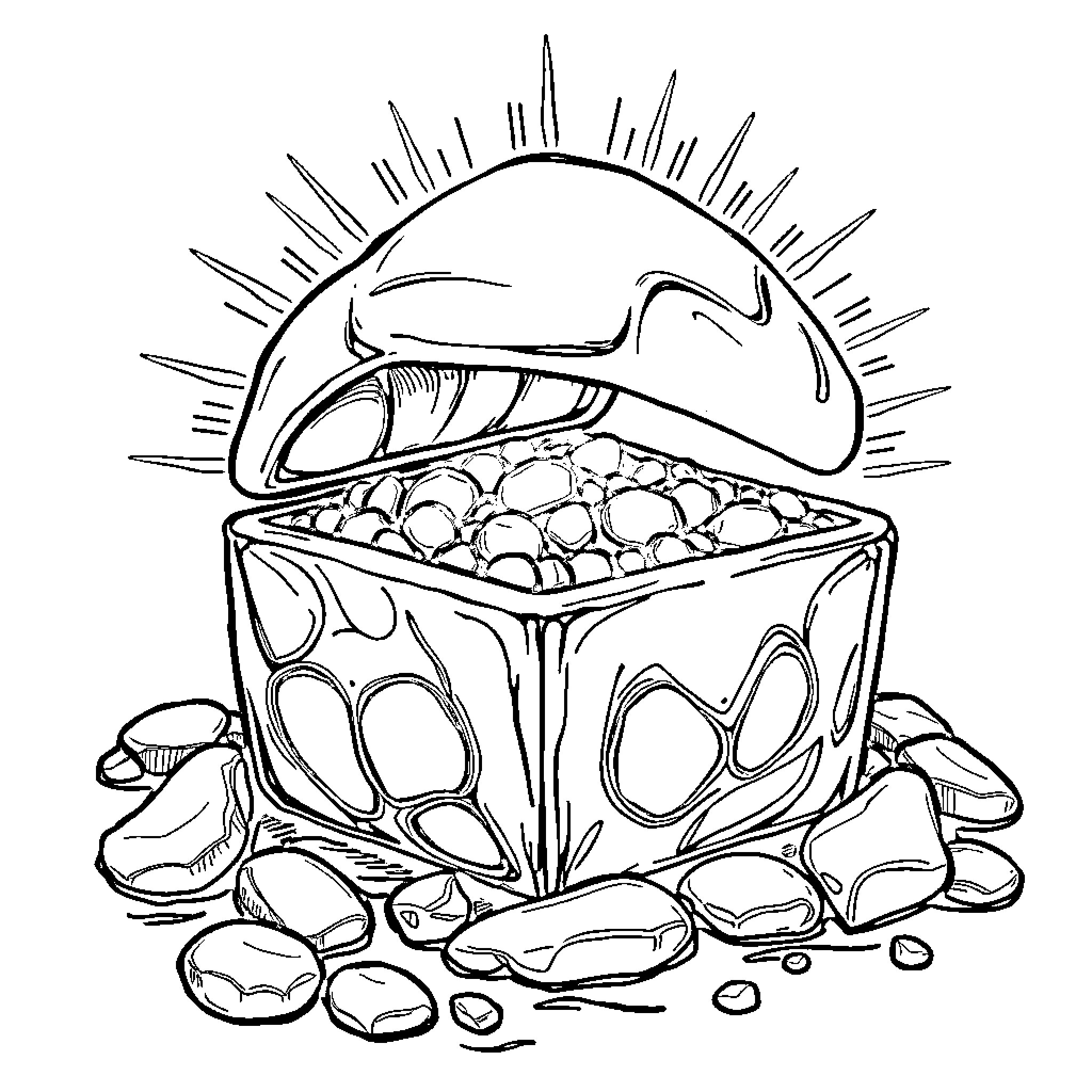 Gold Treasure Chest Overflowing with Jewels Coloring Page (free black-and-white line drawing printable PDF for all, from beginners to advanced learners, including children, teens, adults, and seniors)