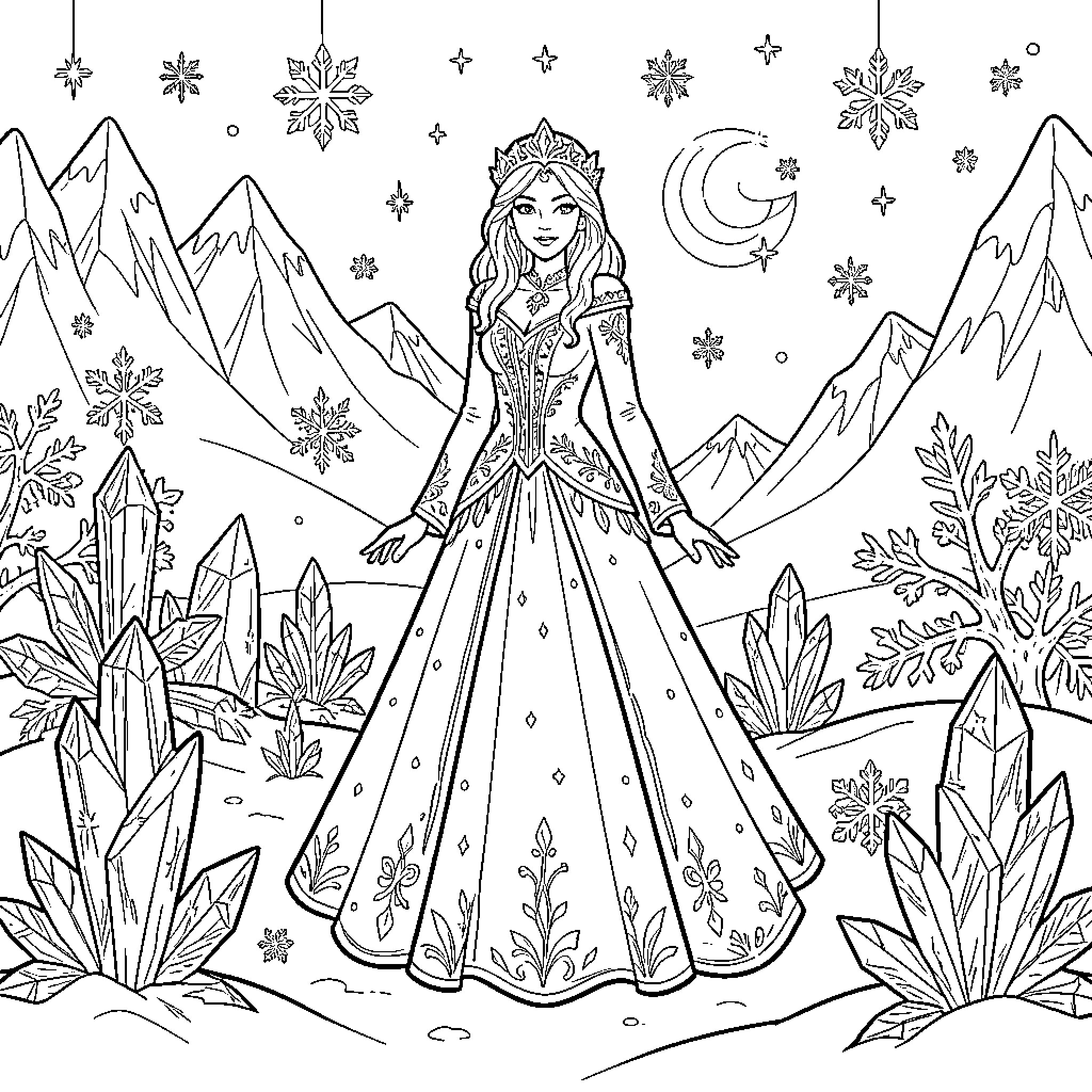 Snow Queen standing elegantly among crystals and snowflakes Coloring Page (free black-and-white line drawing printable PDF for all, from beginners to advanced learners, including children, teens, adults, and seniors)
