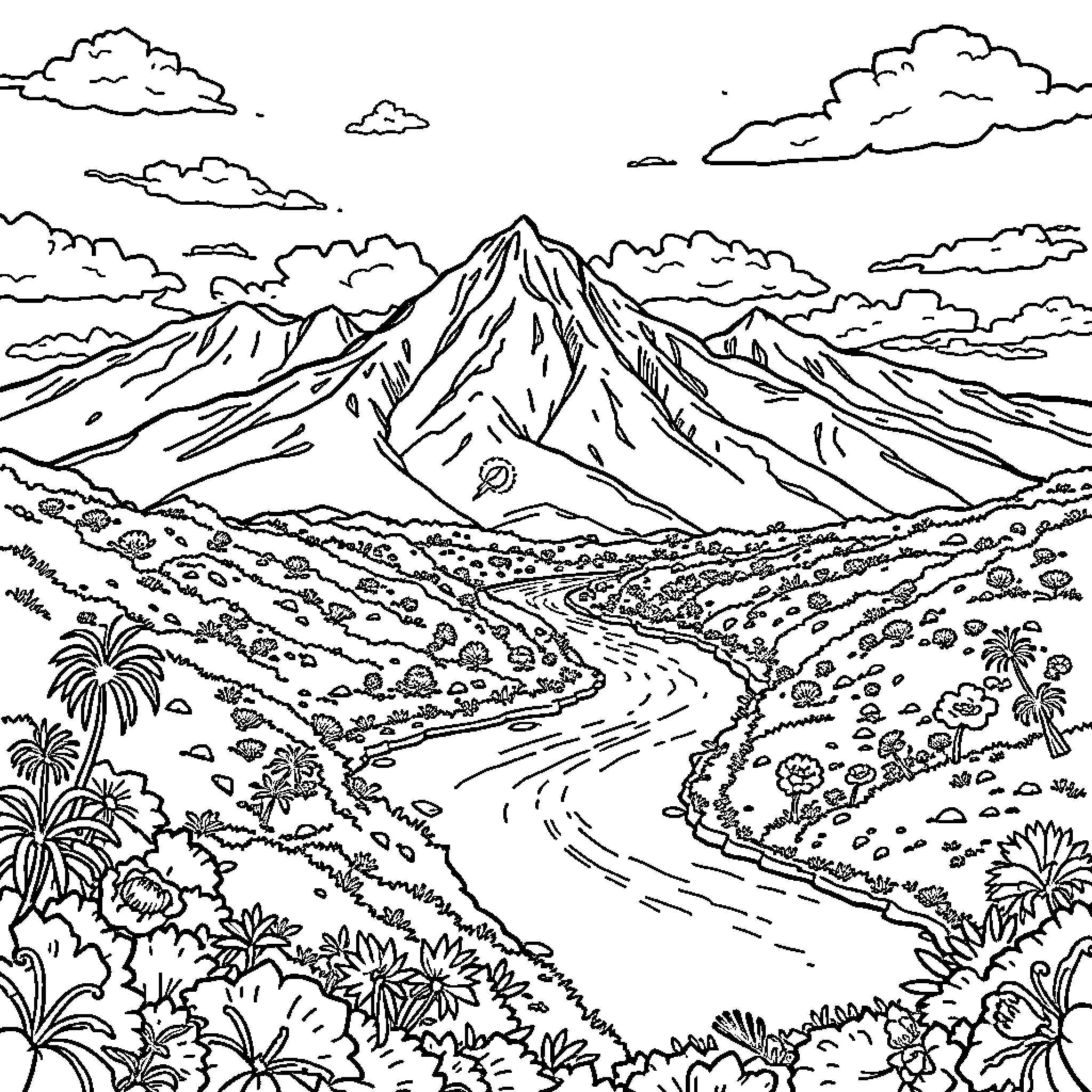 Venezuelan Landscape with Majestic Mountains and Winding River Coloring Page (free black-and-white line drawing printable PDF for all, from beginners to advanced learners, including children, teens, adults, and seniors)