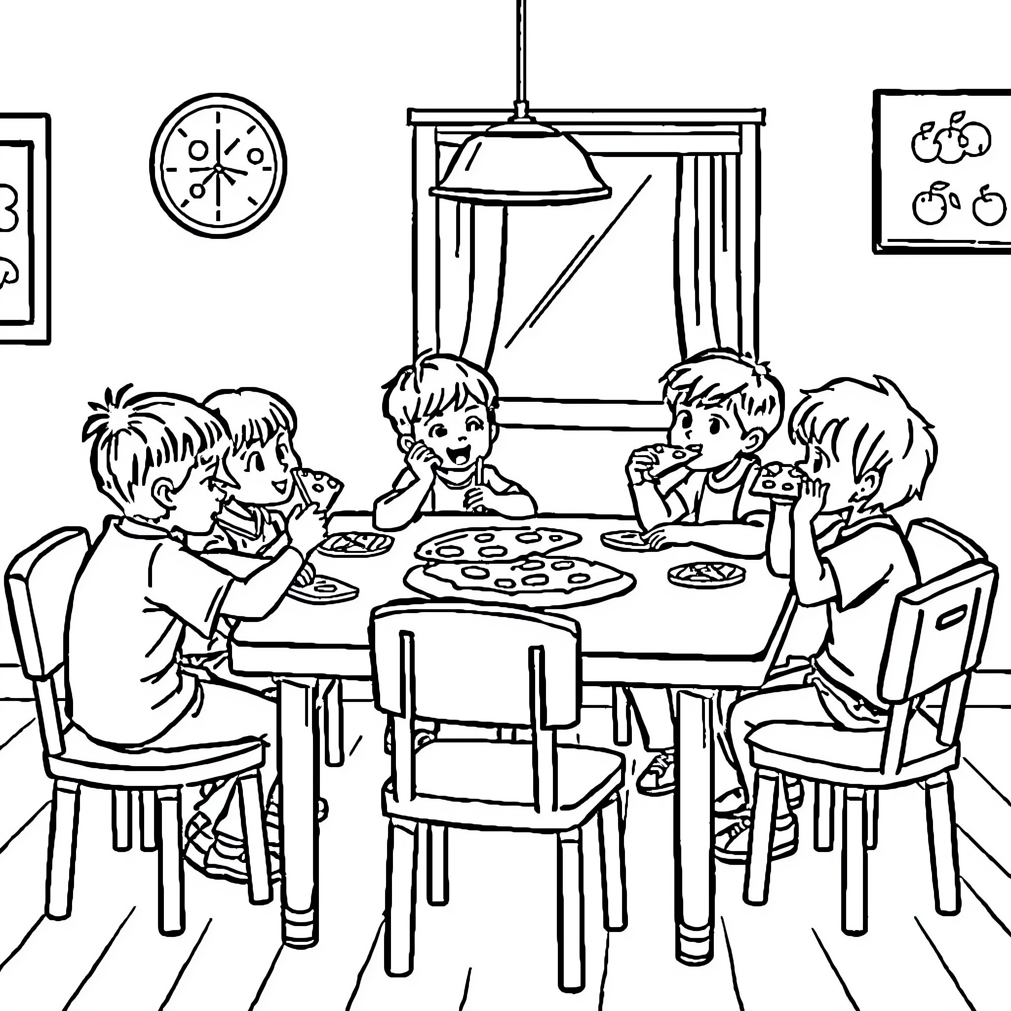 Pizza Party Fun with Friends Coloring Page (free black-and-white line drawing printable PDF for all, from beginners to advanced learners, including children, teens, adults, and seniors)