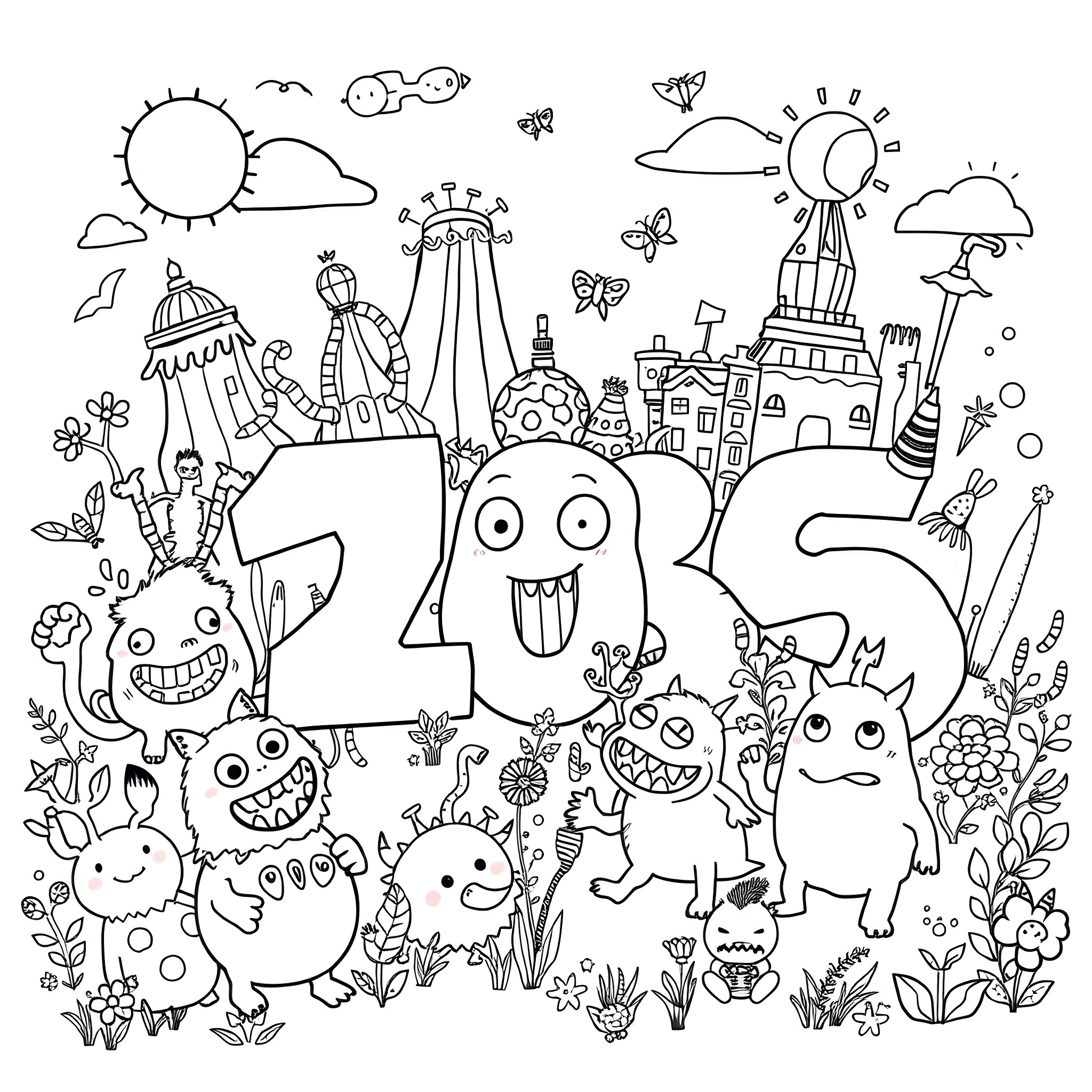 Monster Party in the Magical Landscape Coloring Page (free black-and-white line drawing printable PDF for all, from beginners to advanced learners, including children, teens, adults, and seniors)