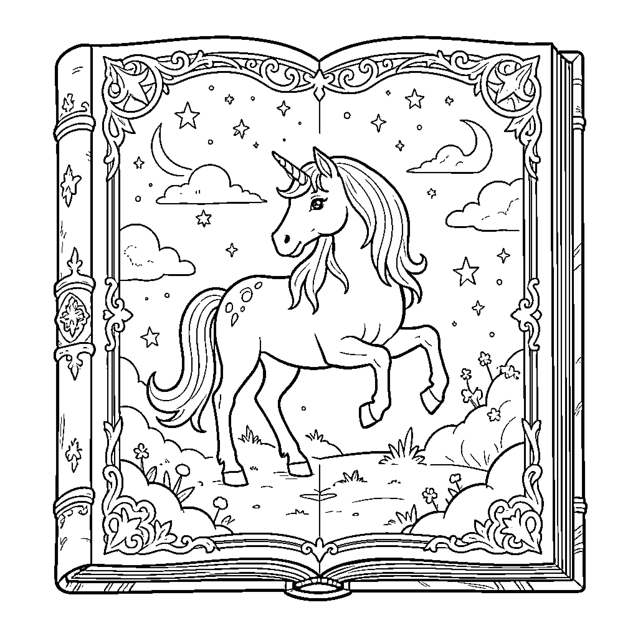 Unicorn standing gracefully amidst stars and clouds Coloring Page (free black-and-white line drawing printable PDF for all, from beginners to advanced learners, including children, teens, adults, and seniors)