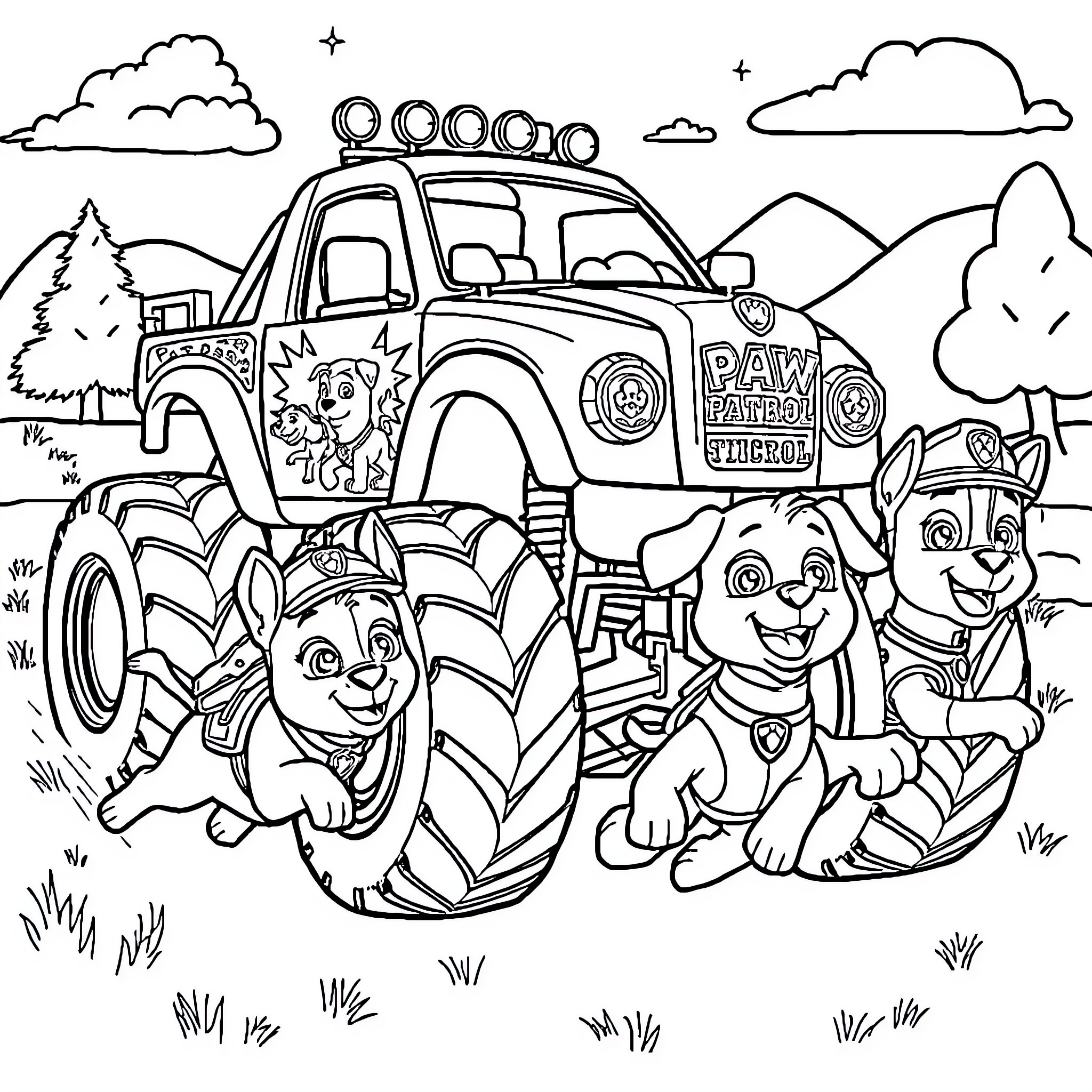 Monster Truck Paw Patrol Crew in Outdoor Adventure Coloring Page (free black-and-white line drawing printable PDF for all, from beginners to advanced learners, including children, teens, adults, and seniors)