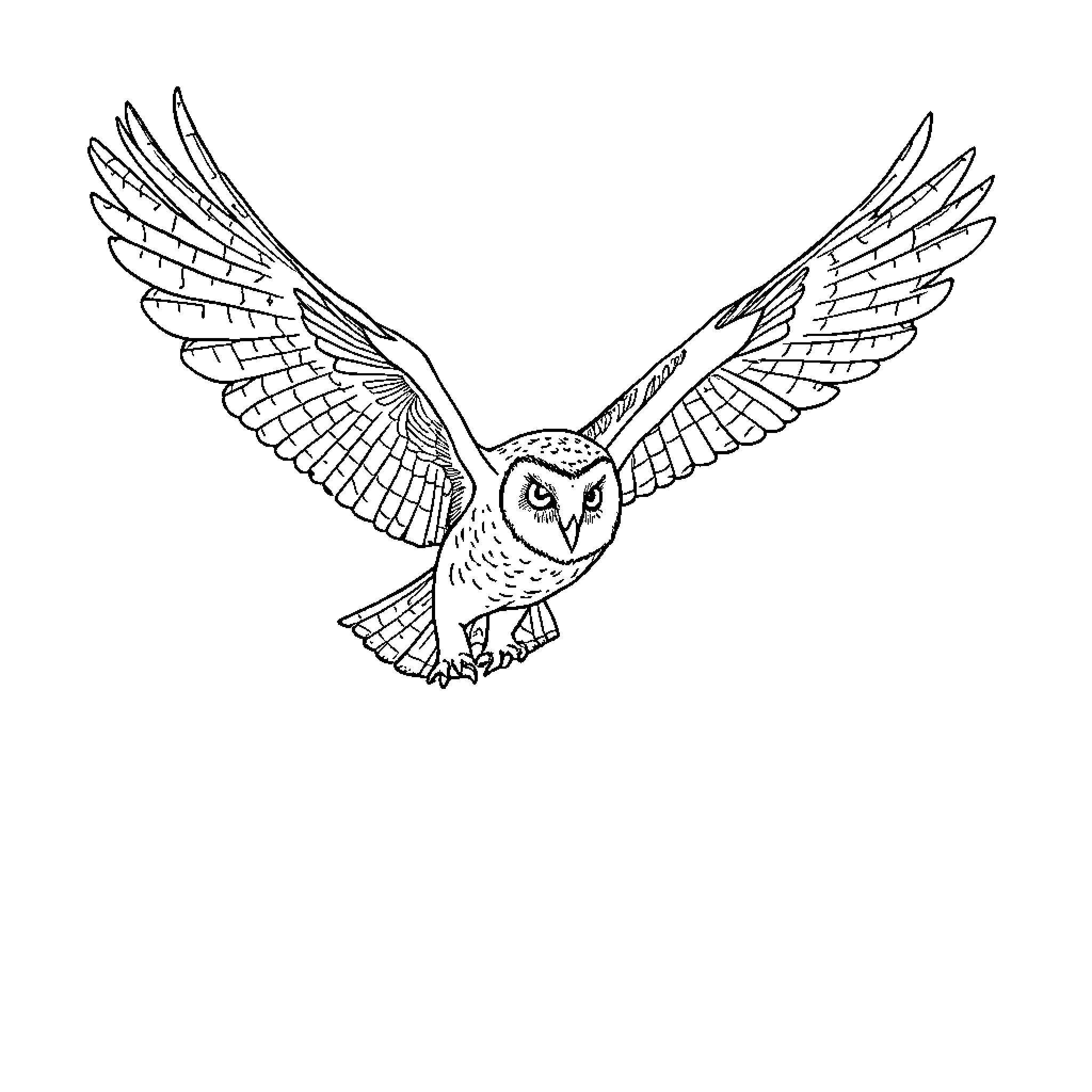 Owl soaring gracefully with outstretched wings Coloring Page (free black-and-white line drawing printable PDF for all, from beginners to advanced learners, including children, teens, adults, and seniors)