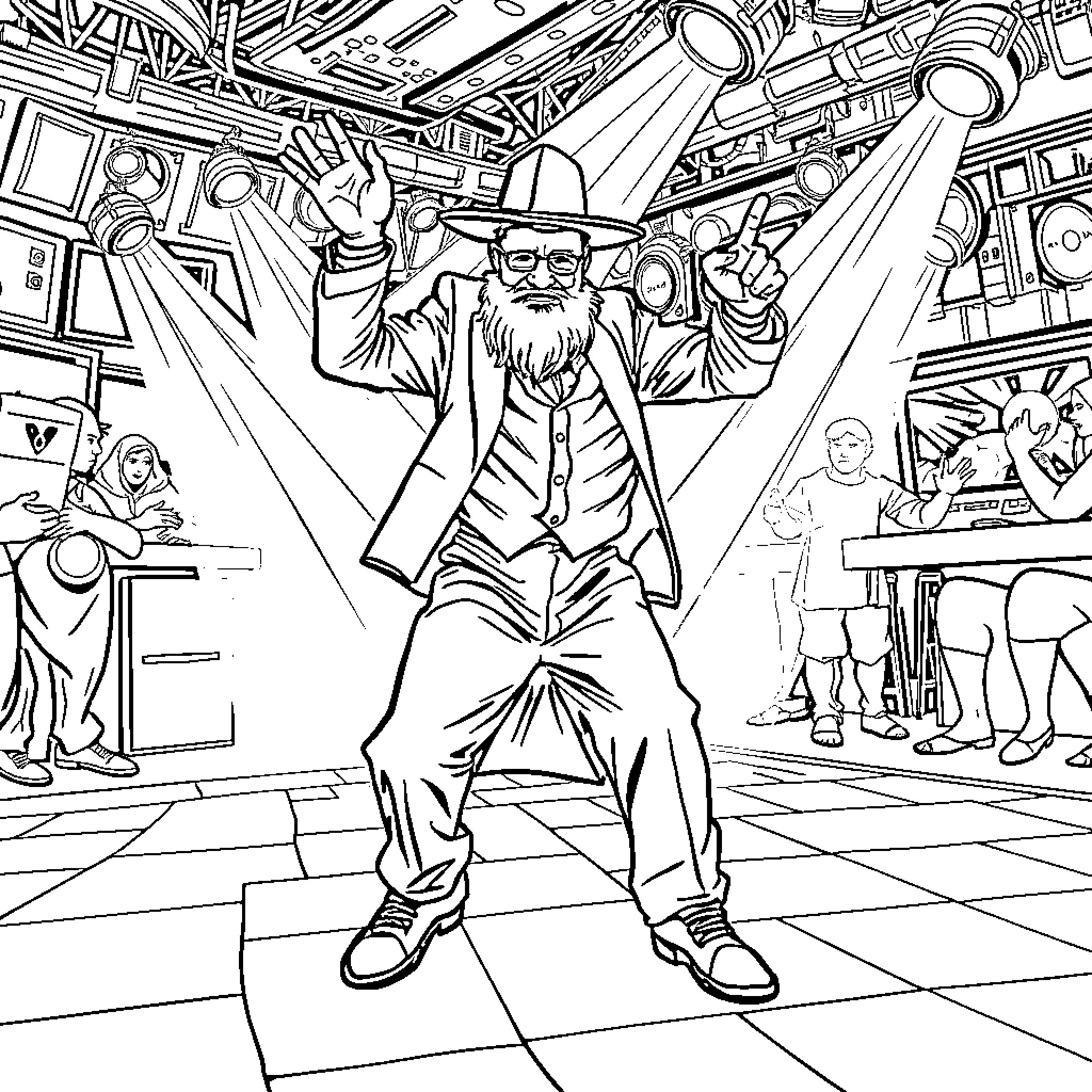 Rabbi Joyfully Celebrating in Eclectic Setting Coloring Page (free black-and-white line drawing printable PDF for all, from beginners to advanced learners, including children, teens, adults, and seniors)