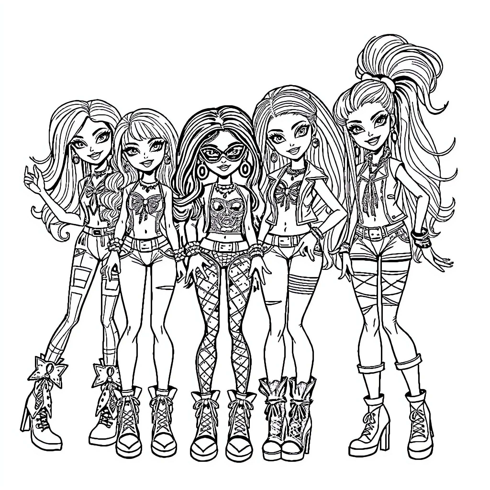 Bratz girls in fashionable outfits and poses Coloring Page (free black-and-white line drawing printable PDF for all, from beginners to advanced learners, including children, teens, adults, and seniors)
