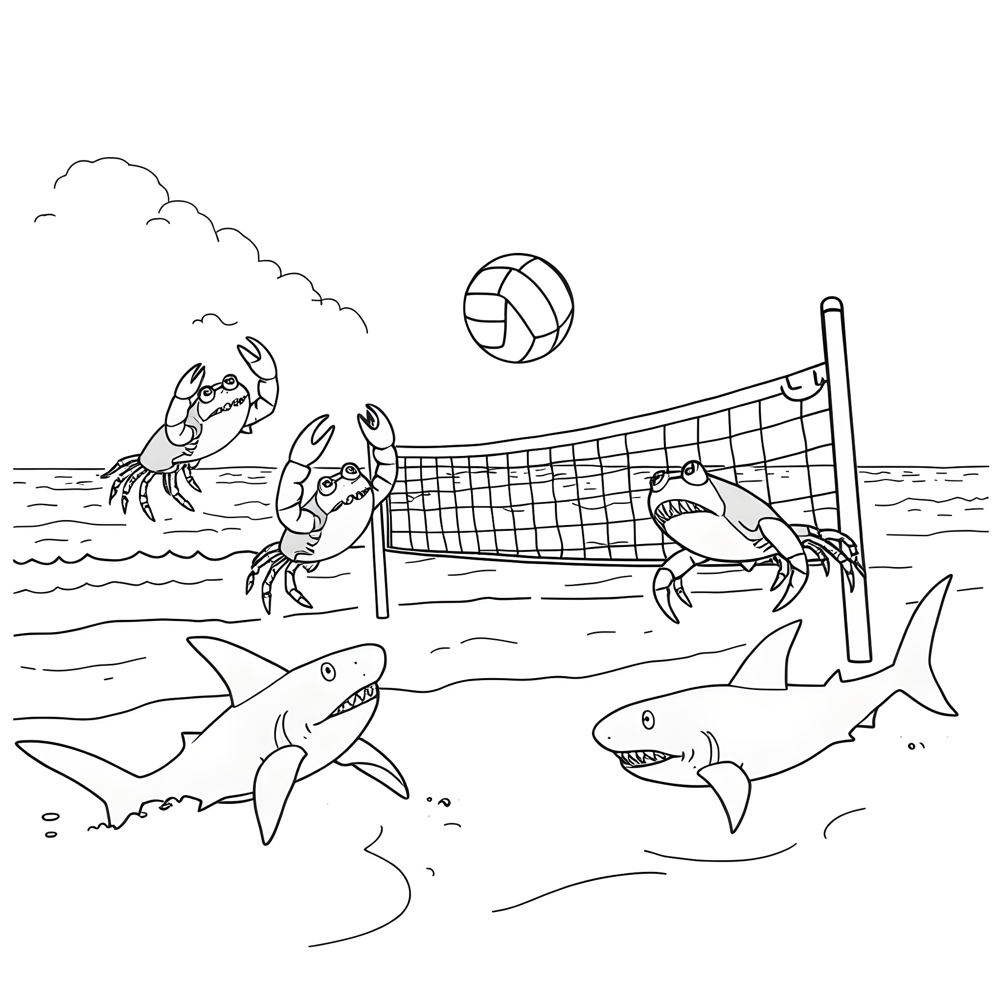 Crabs playing volleyball in the ocean with sharks Coloring Page (free black-and-white line drawing printable PDF for all, from beginners to advanced learners, including children, teens, adults, and seniors)