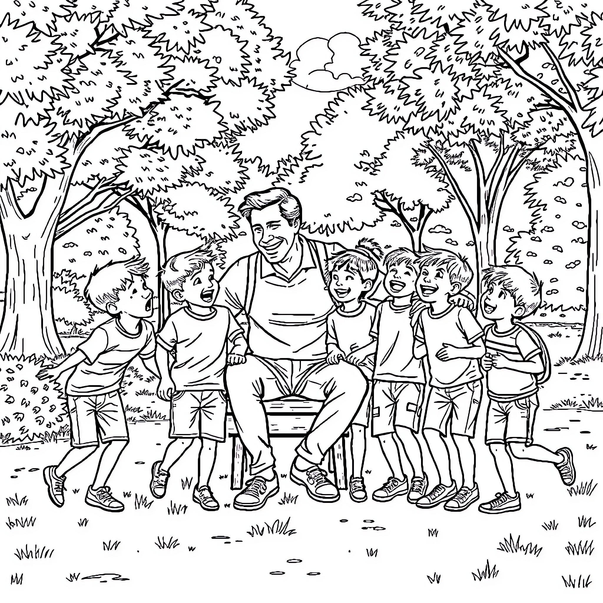 Boy spending quality time with children in nature Coloring Page (free black-and-white line drawing printable PDF for all, from beginners to advanced learners, including children, teens, adults, and seniors)
