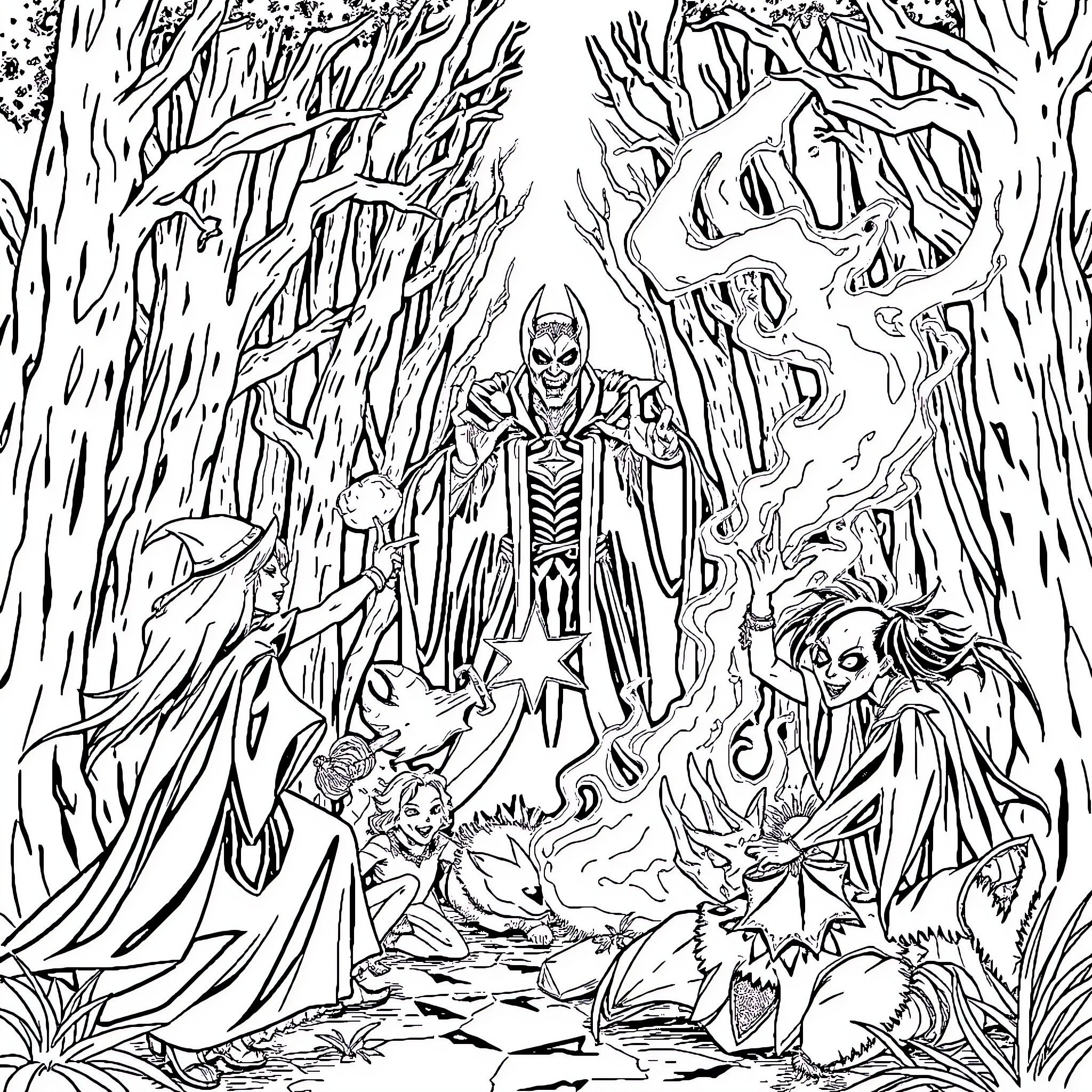 Arcane Enchanted Forest Realm with Fantastical Creatures Coloring Page (free black-and-white line drawing printable PDF for all, from beginners to advanced learners, including children, teens, adults, and seniors)