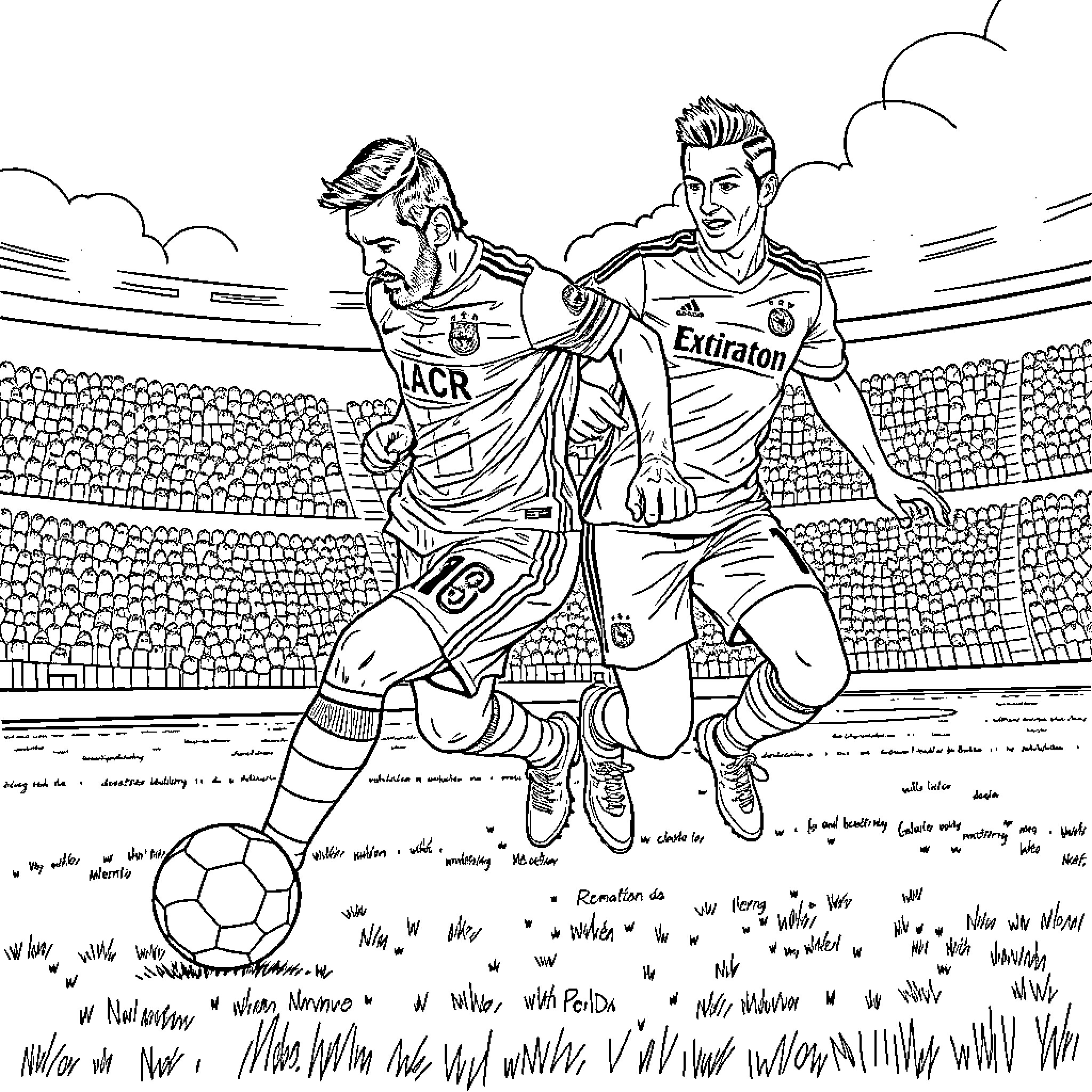 Messi battling for the ball on the field Coloring Page (free black-and-white line drawing printable PDF for all, from beginners to advanced learners, including children, teens, adults, and seniors)