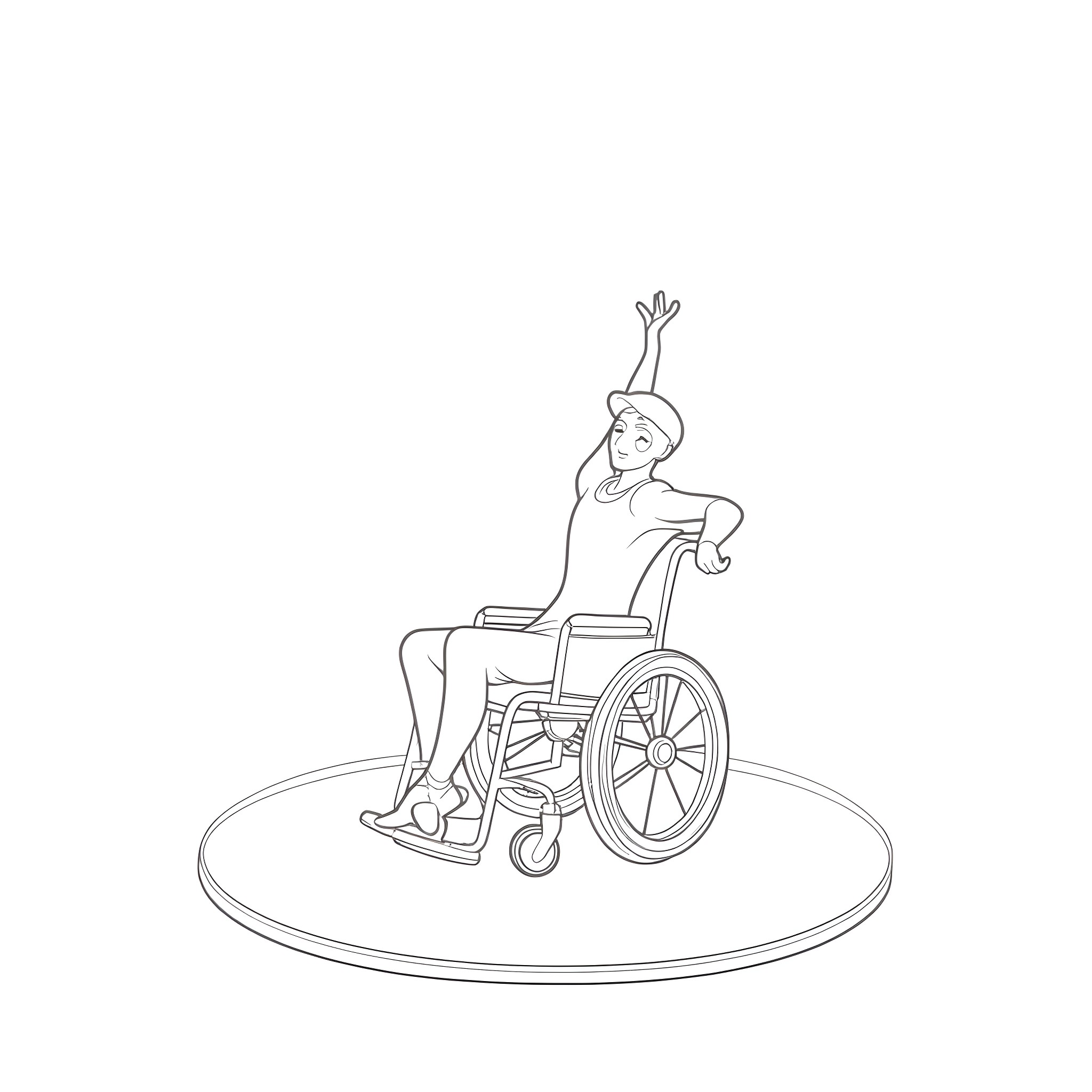 Ballerina in Wheelchair Performing Coloring Page (free black-and-white line drawing printable PDF for all, from beginners to advanced learners, including children, teens, adults, and seniors)