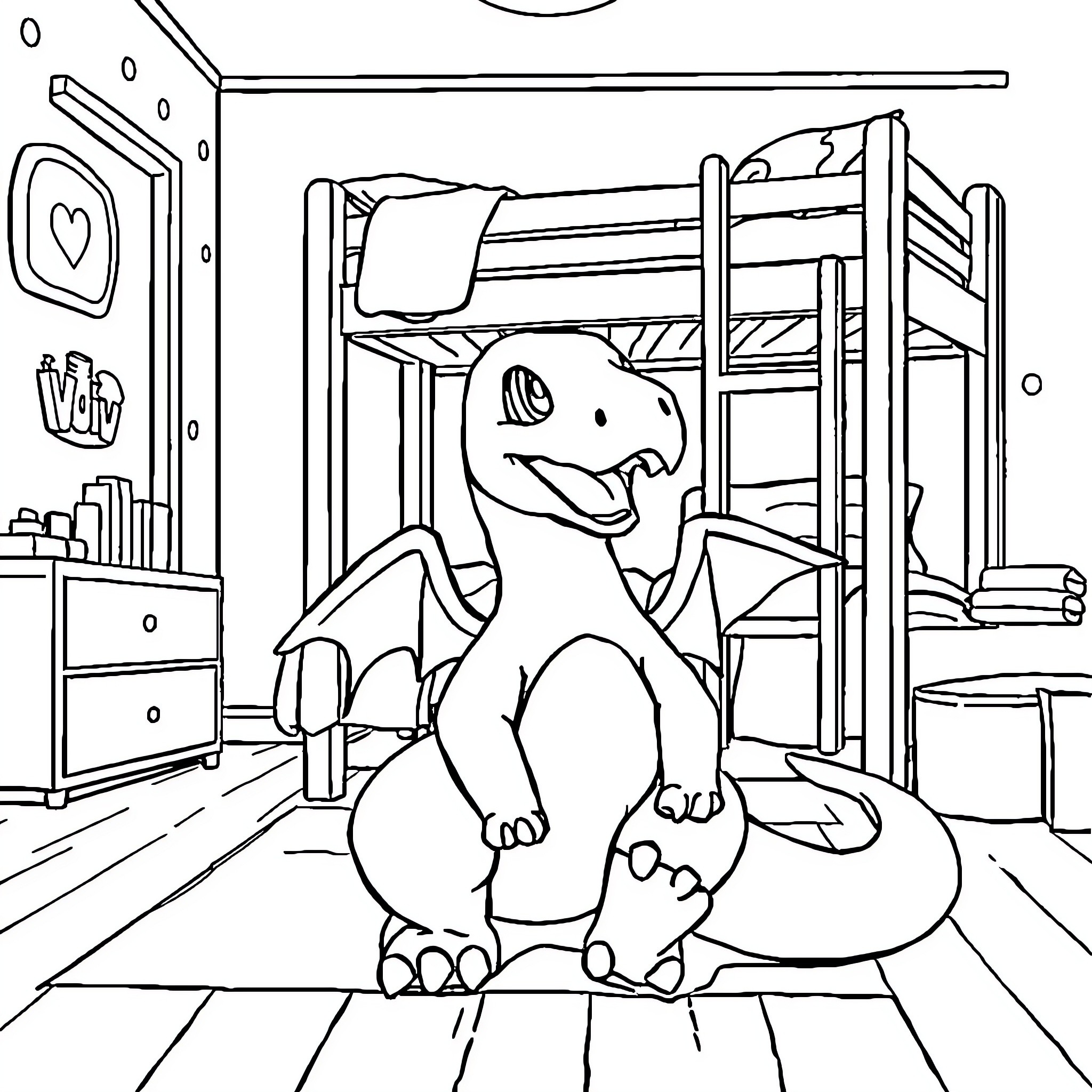 Charizard in a cozy bedroom setting Coloring Page (free black-and-white line drawing printable PDF for all, from beginners to advanced learners, including children, teens, adults, and seniors)