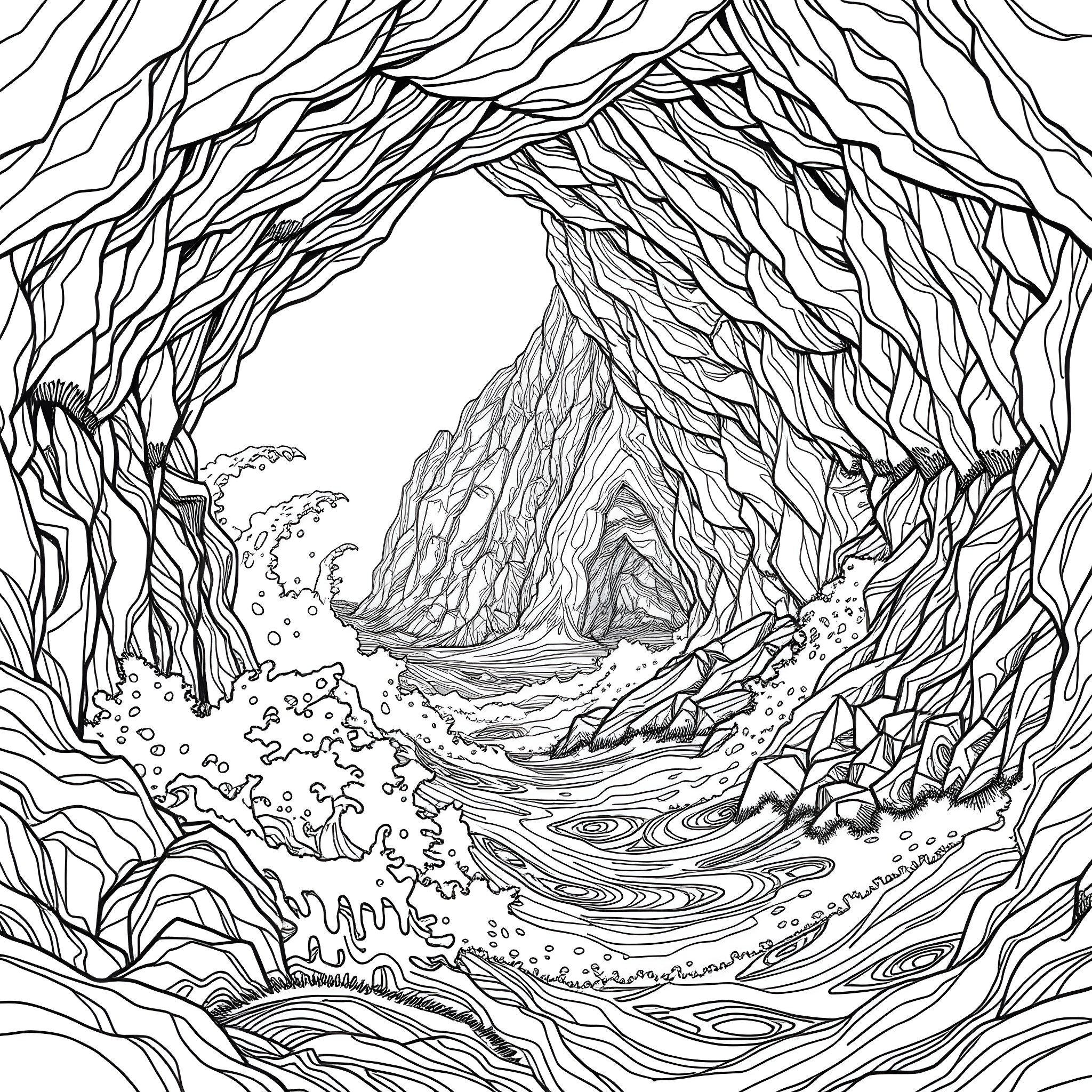 Ocean Cavern Exploration Coloring Page (free black-and-white line drawing printable PDF for all, from beginners to advanced learners, including children, teens, adults, and seniors)