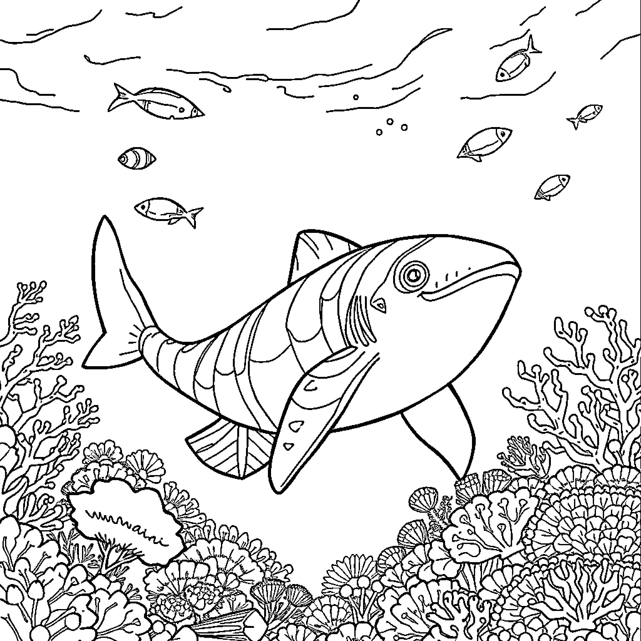 Esqueleto of vibrant underwater marine life Coloring Page (free black-and-white line drawing printable PDF for all, from beginners to advanced learners, including children, teens, adults, and seniors)