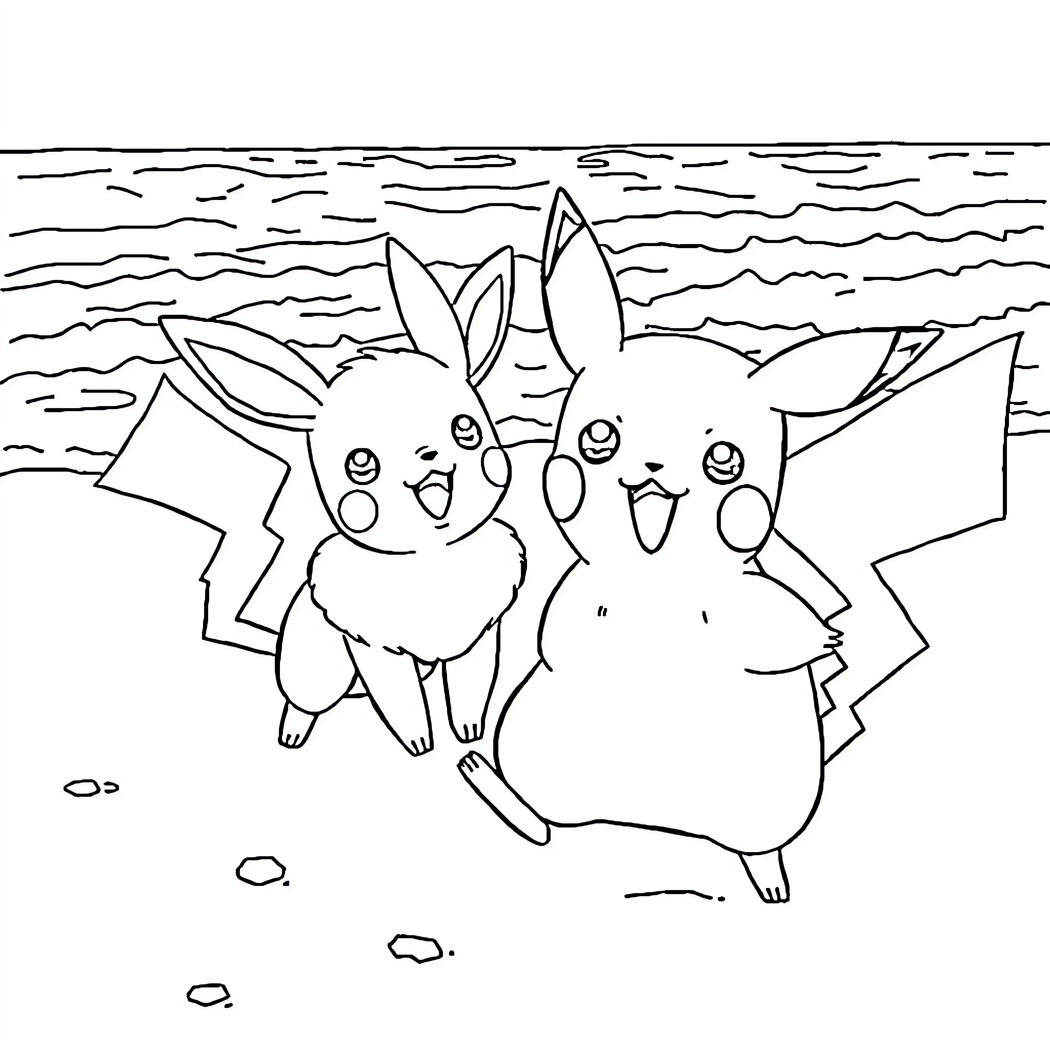 Pikachu and friends enjoying the scenery Coloring Page (free black-and-white line drawing printable PDF for all, from beginners to advanced learners, including children, teens, adults, and seniors)